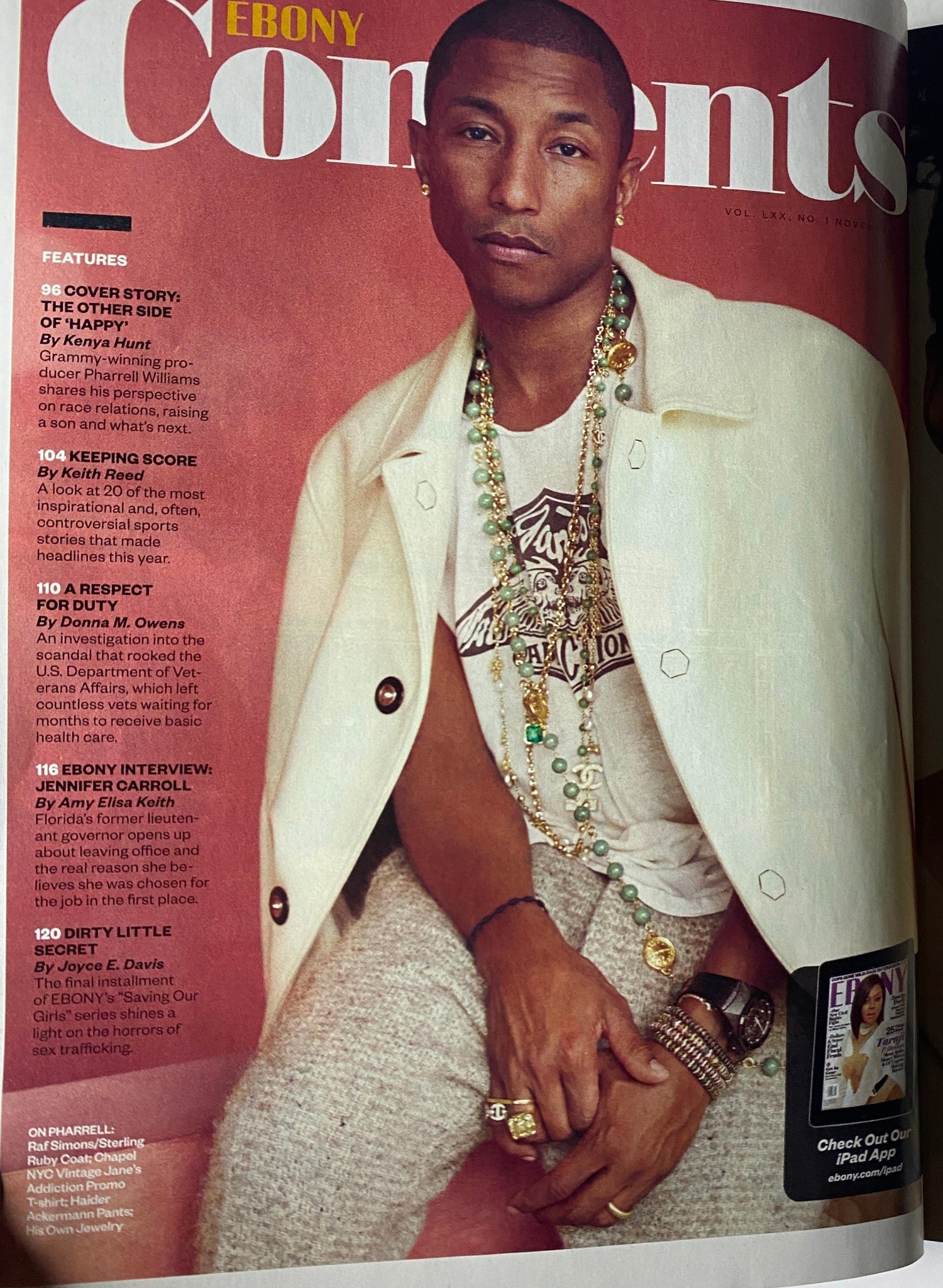 Inside cover of Ebony Magazine November 2014 Vol. LXX, No. 1, featuring Pharrell Williams and details about the cover story.