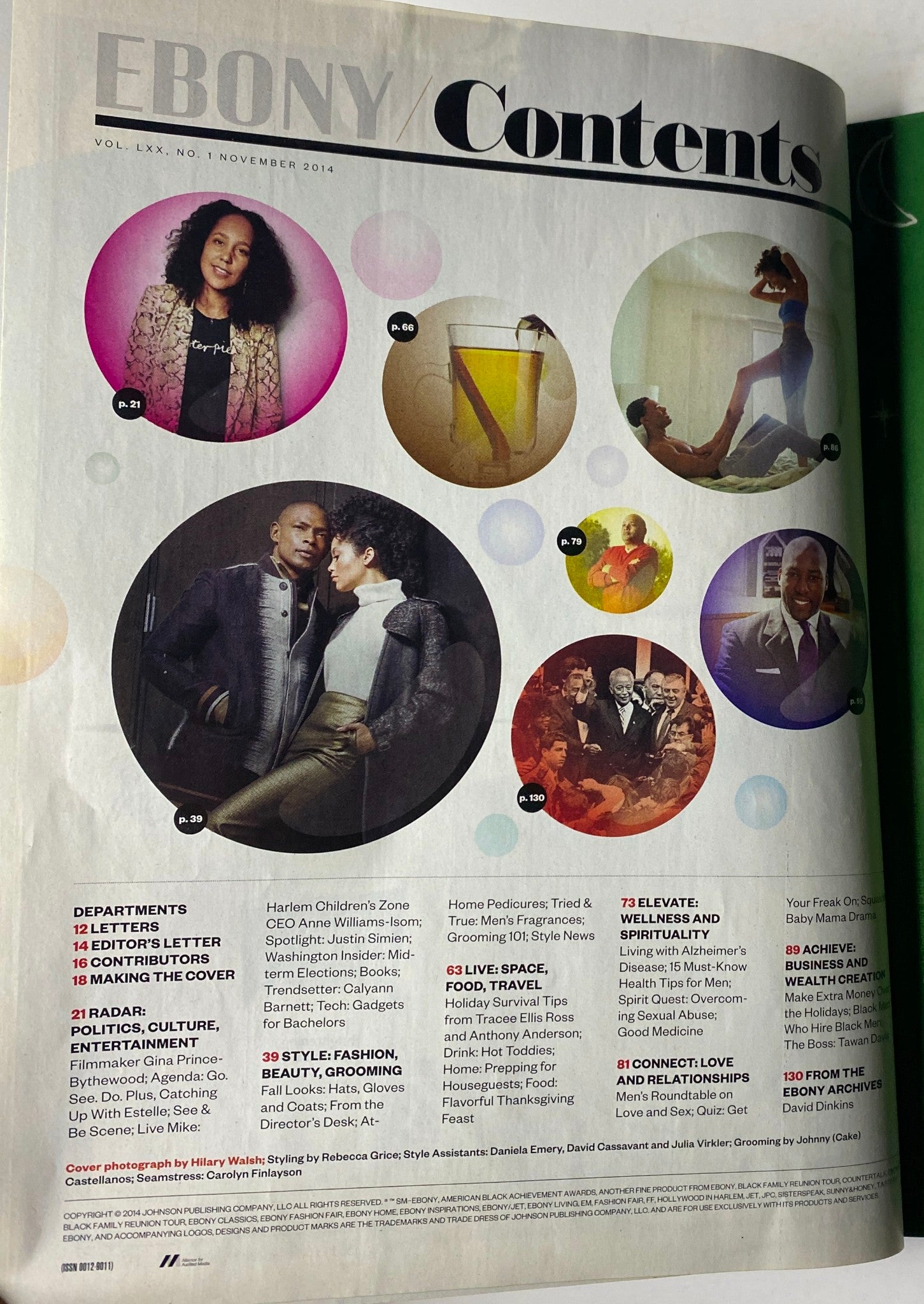 Contents page of Ebony Magazine November 2014 Vol. LXX, No. 1 displaying various featured sections, including culture and wellness.
