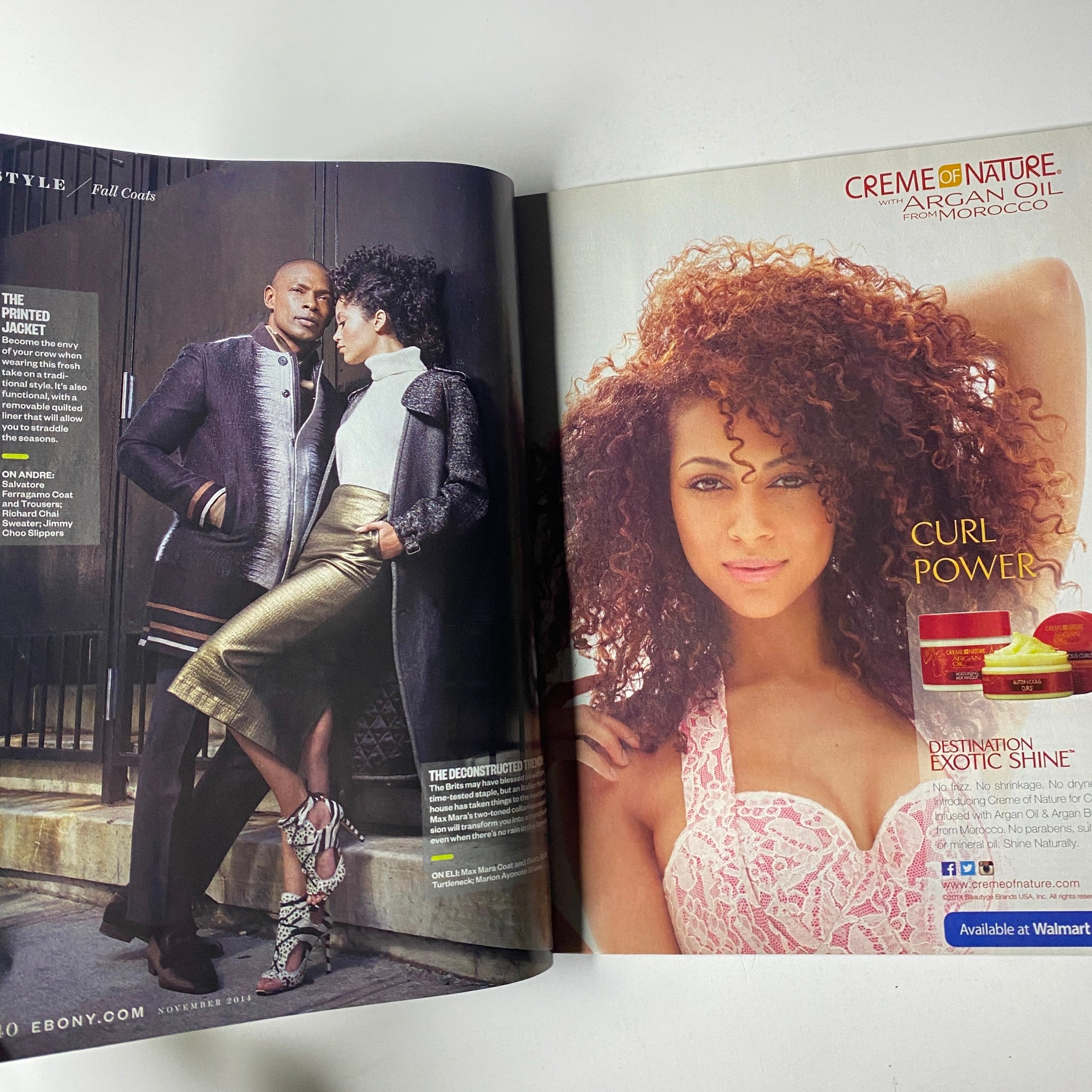 An open spread from Ebony Magazine November 2014 Vol. LXX, No. 1, highlighting fashion and beauty, with a beautiful model showcasing style.