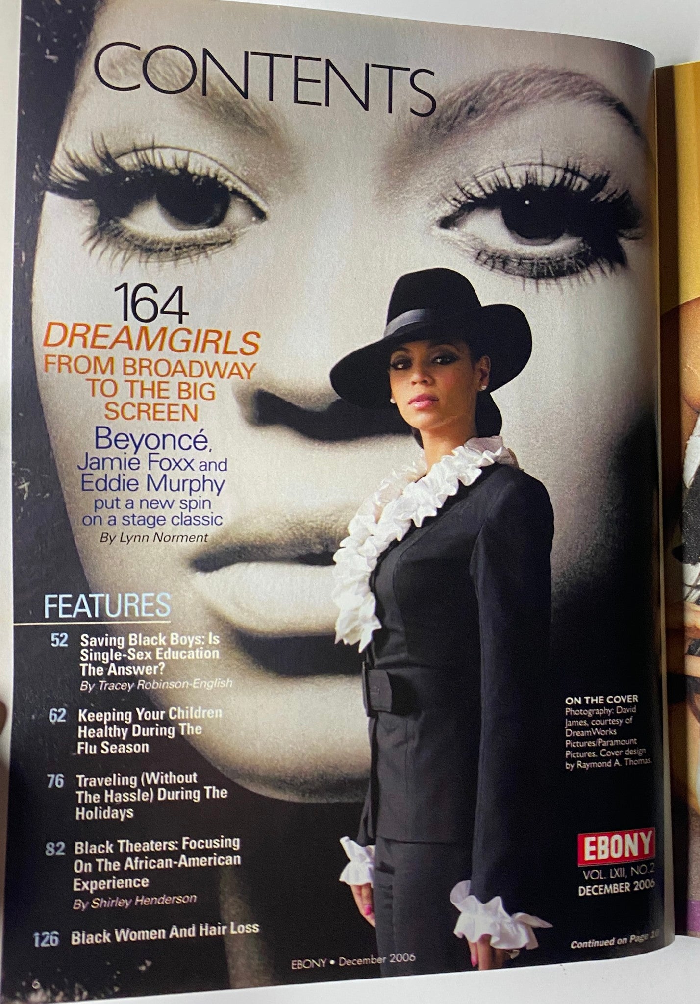 Contents page of Ebony Magazine December 2006 highlighting the Dreamgirls feature with an iconic portrait of Beyoncé, emphasizing the blend of culture and entertainment.
