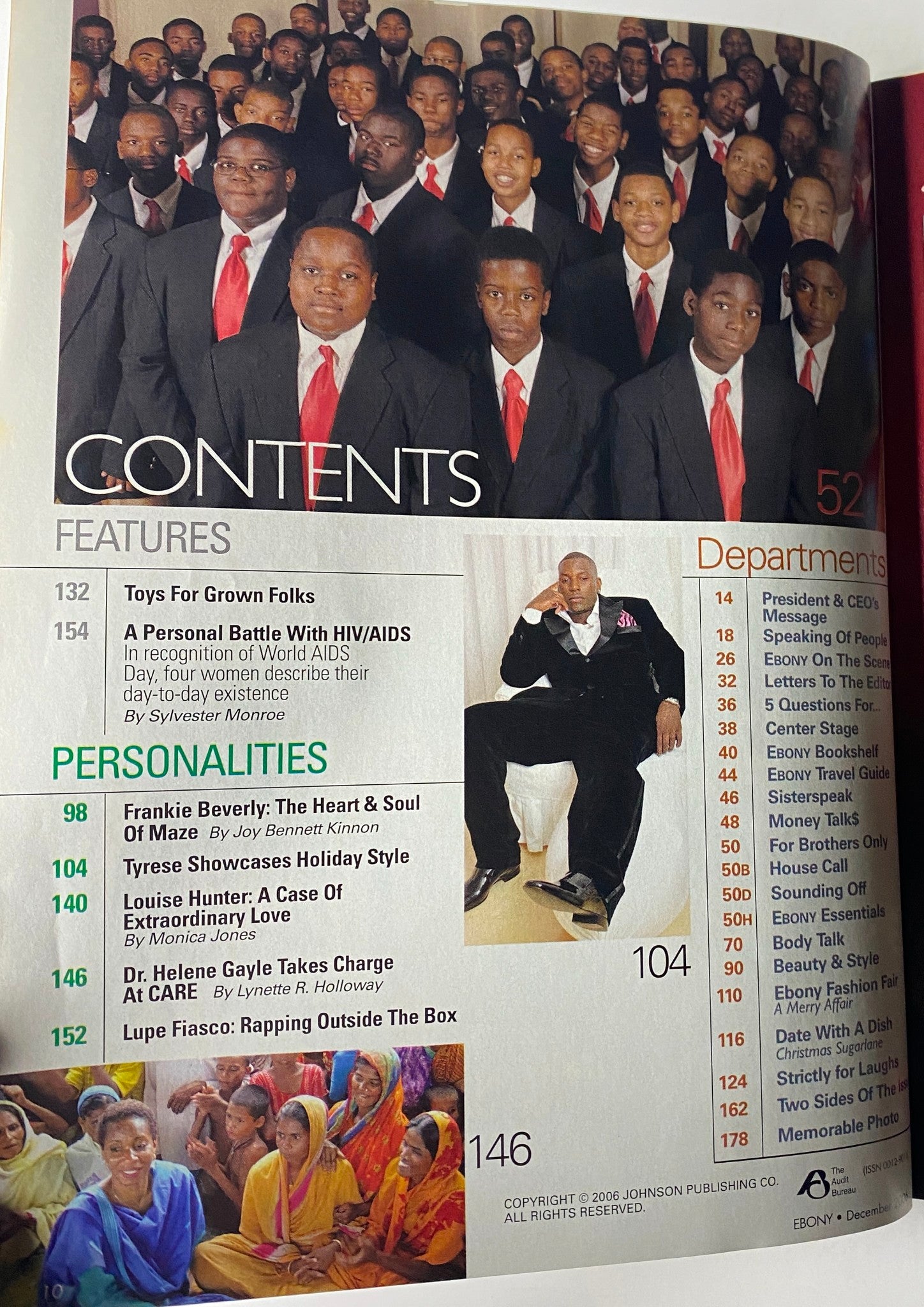 Contents page of Ebony Magazine December 2006 featuring a group of young men in suits under a spotlight, showcasing articles on social issues in the Black community.