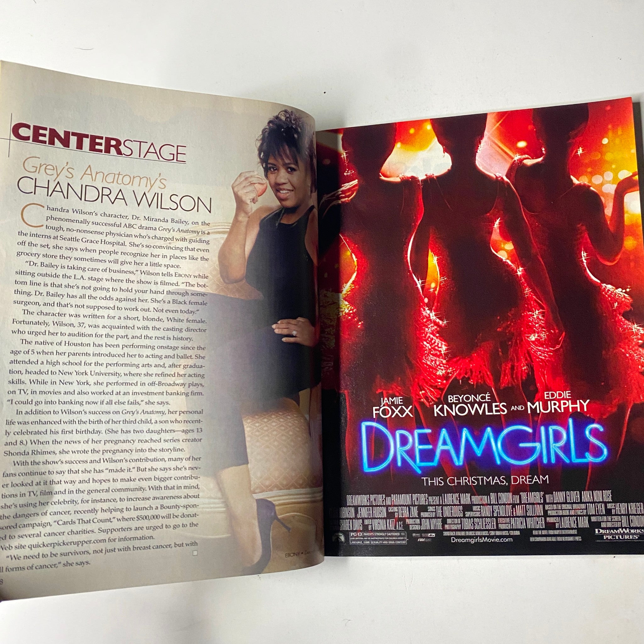 Inside spread of Ebony Magazine December 2006 discussing Dreamgirls with a striking image of Chandra Wilson, connecting television and film narratives.