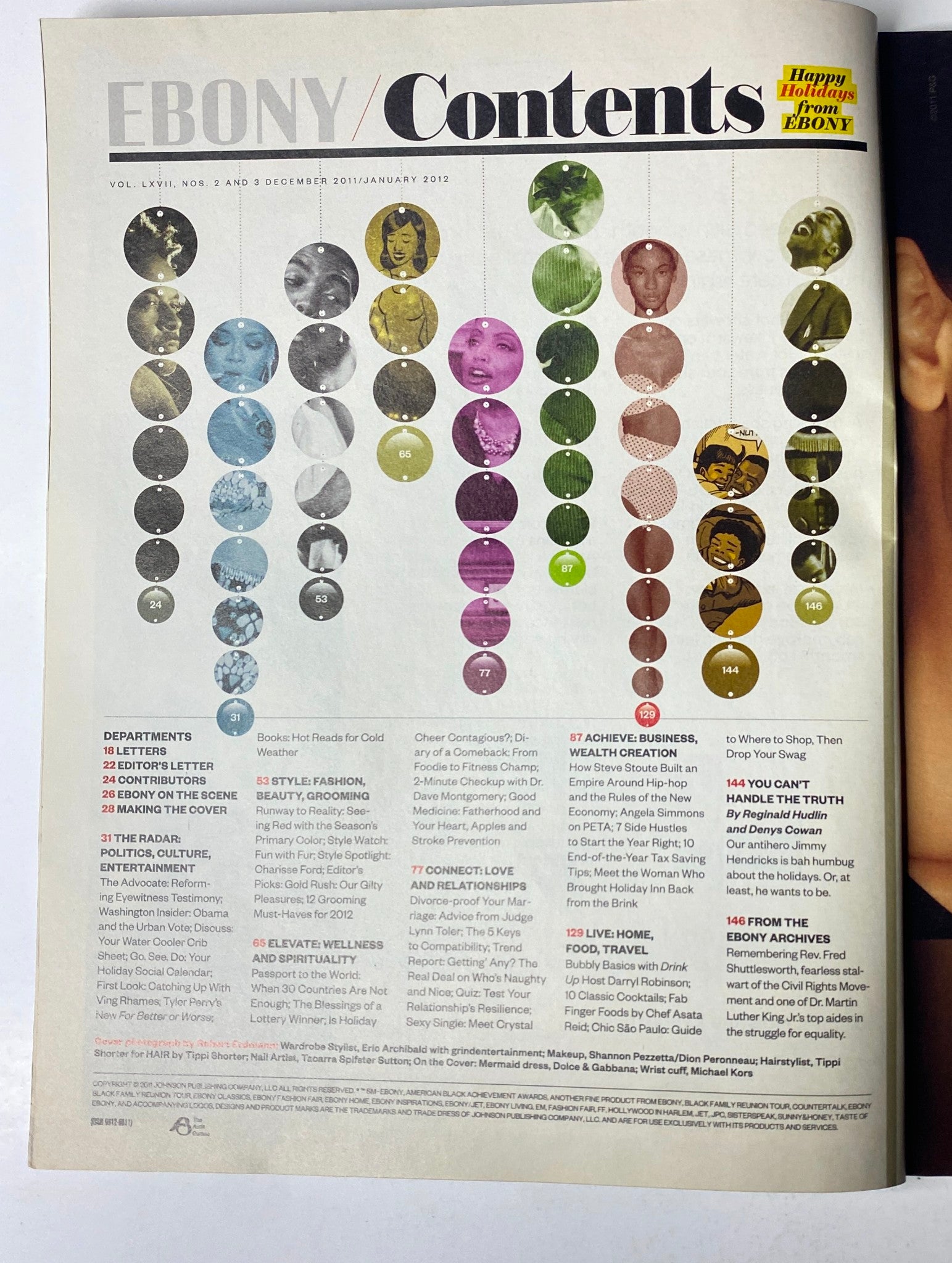 Contents page of Ebony Magazine December 2011 Vol 67 No. 2, outlining articles and features, celebrating Black culture and notable influencers in the entertainment industry.