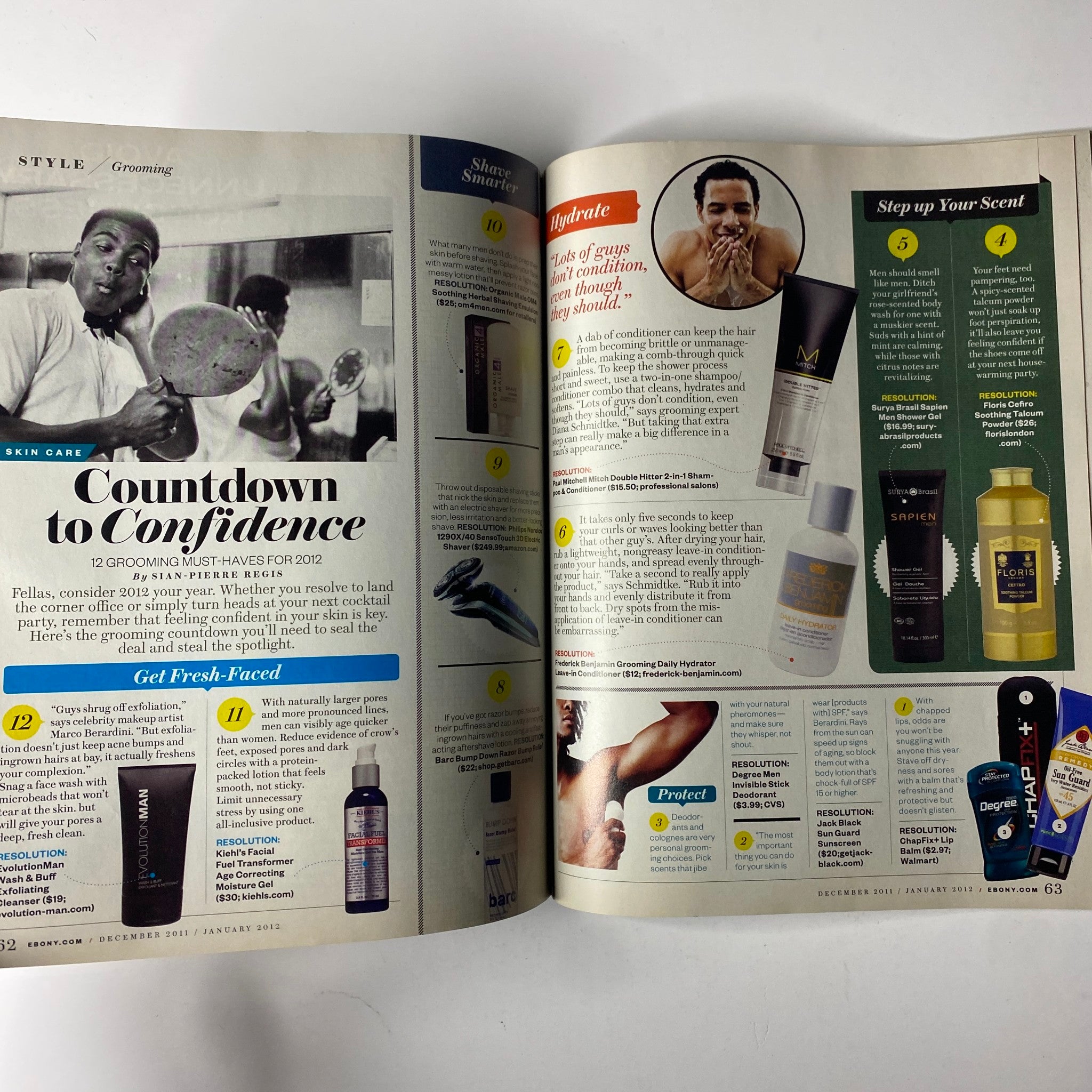 Interior page from Ebony Magazine December 2011 featuring grooming products and skin care tips. The article titled 'Countdown to Confidence' discusses men's grooming essentials for the new year, promoting self-care and confidence. Ebony Magazine – December 2011 – Vol. 67, No. 2 – Jennifer Hudson Cover.