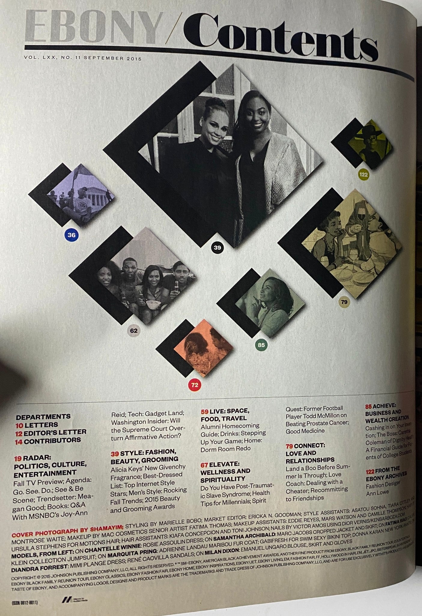 Table of contents from Ebony Magazine September 2015 Vol 70 No. 11 highlighting features, contributors, and key sections related to culture and fashion.