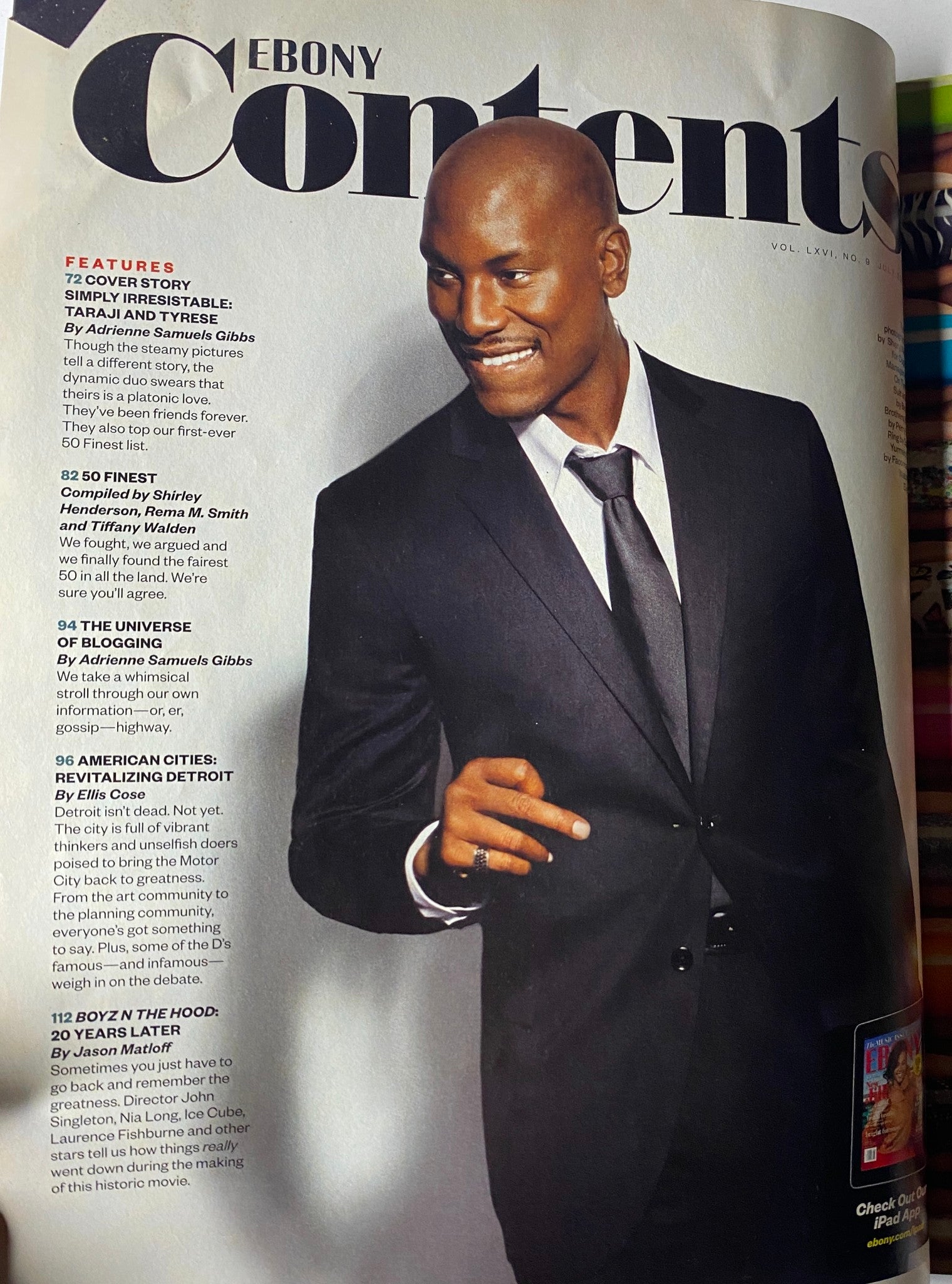 Interior page of Ebony Magazine July 2011 Vol 66 No. 9 with Tyrese Gibson in a formal suit, highlighting featured articles including 'Simply Irresistible' and 'The Universe of Blogging'.