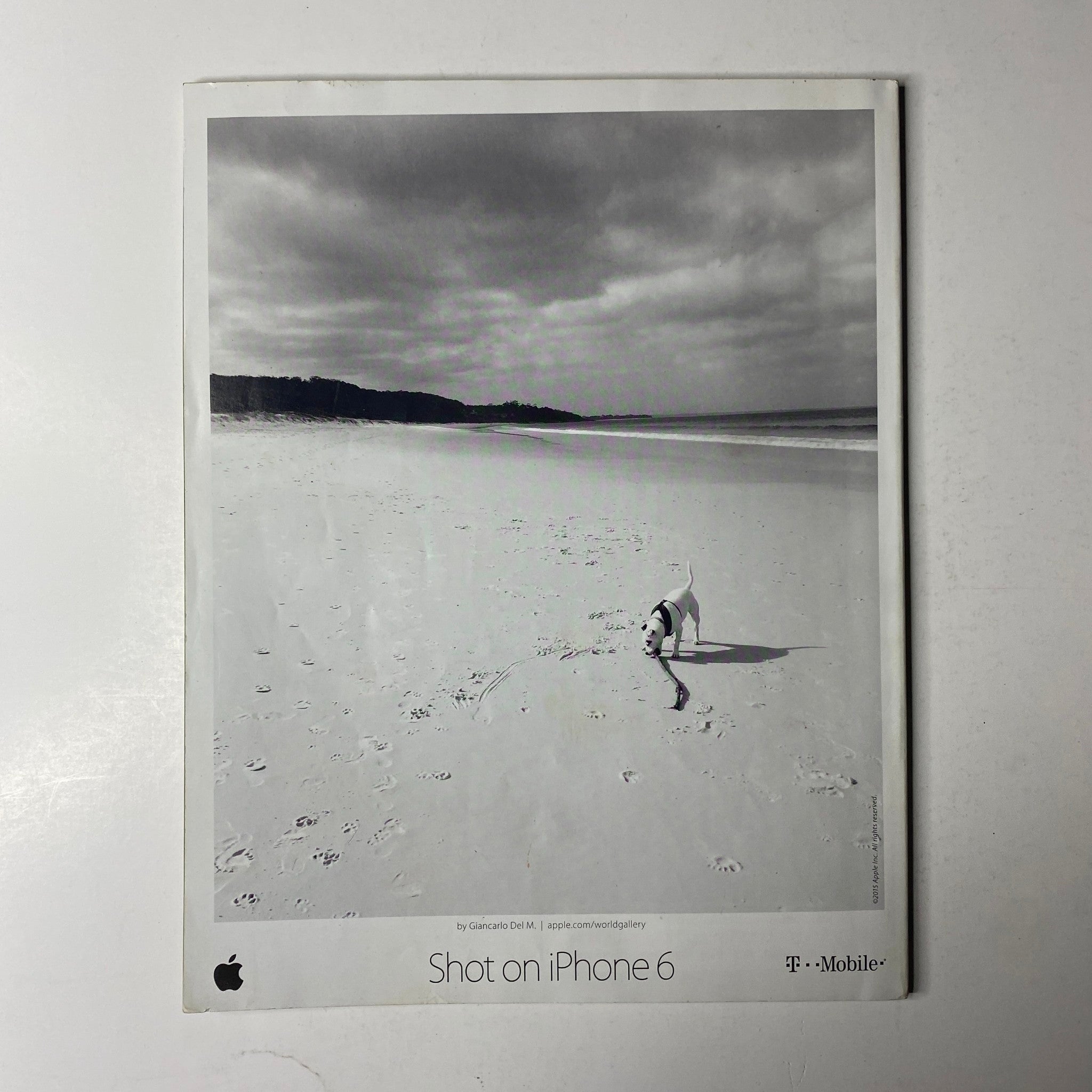 Back cover of Ebony Magazine July 2015 Vol 70 No. 9 displaying a black and white photograph of a dog on the beach taken with an iPhone 6, promoting T-Mobile.