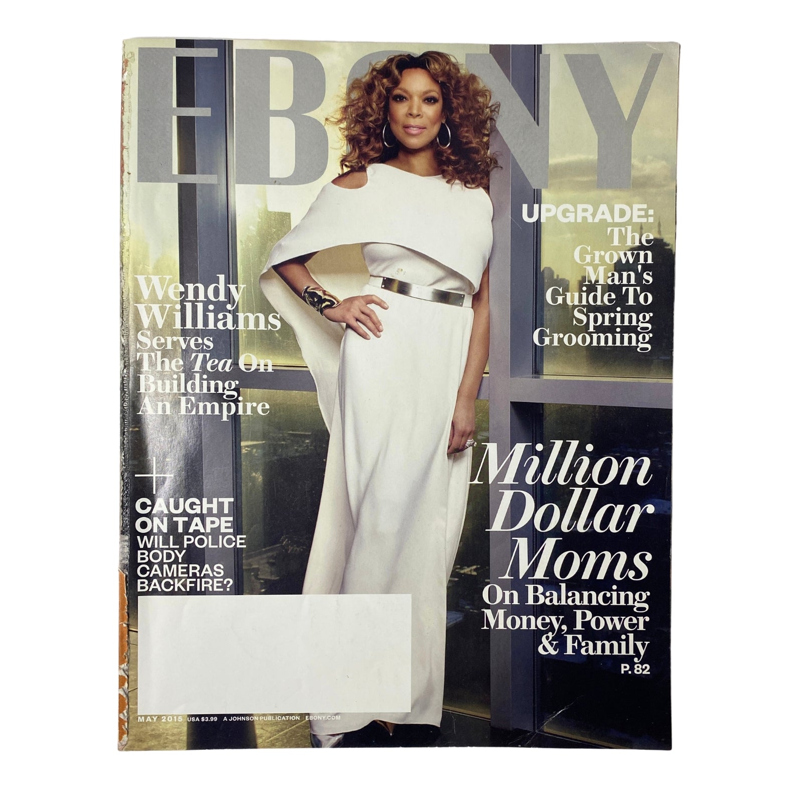 Ebony Magazine May 2015 Vol 70 No. 7 featuring Wendy Williams on the cover, showcasing her elegant style in a white dress with a belt, capturing the essence of modern motherhood and media.