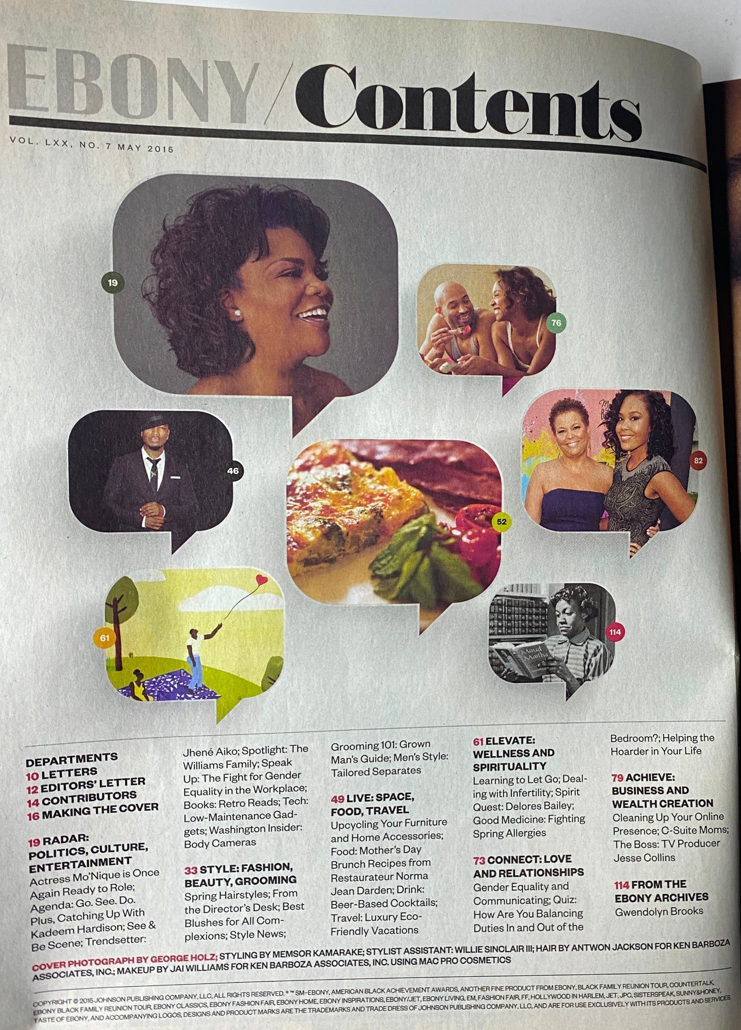 Ebony Magazine May 2015 Vol. 70 No. 7 Contents page featuring images and headlines, including a spotlight on Janelle Monáe and a feature on grooming and family relationships.
