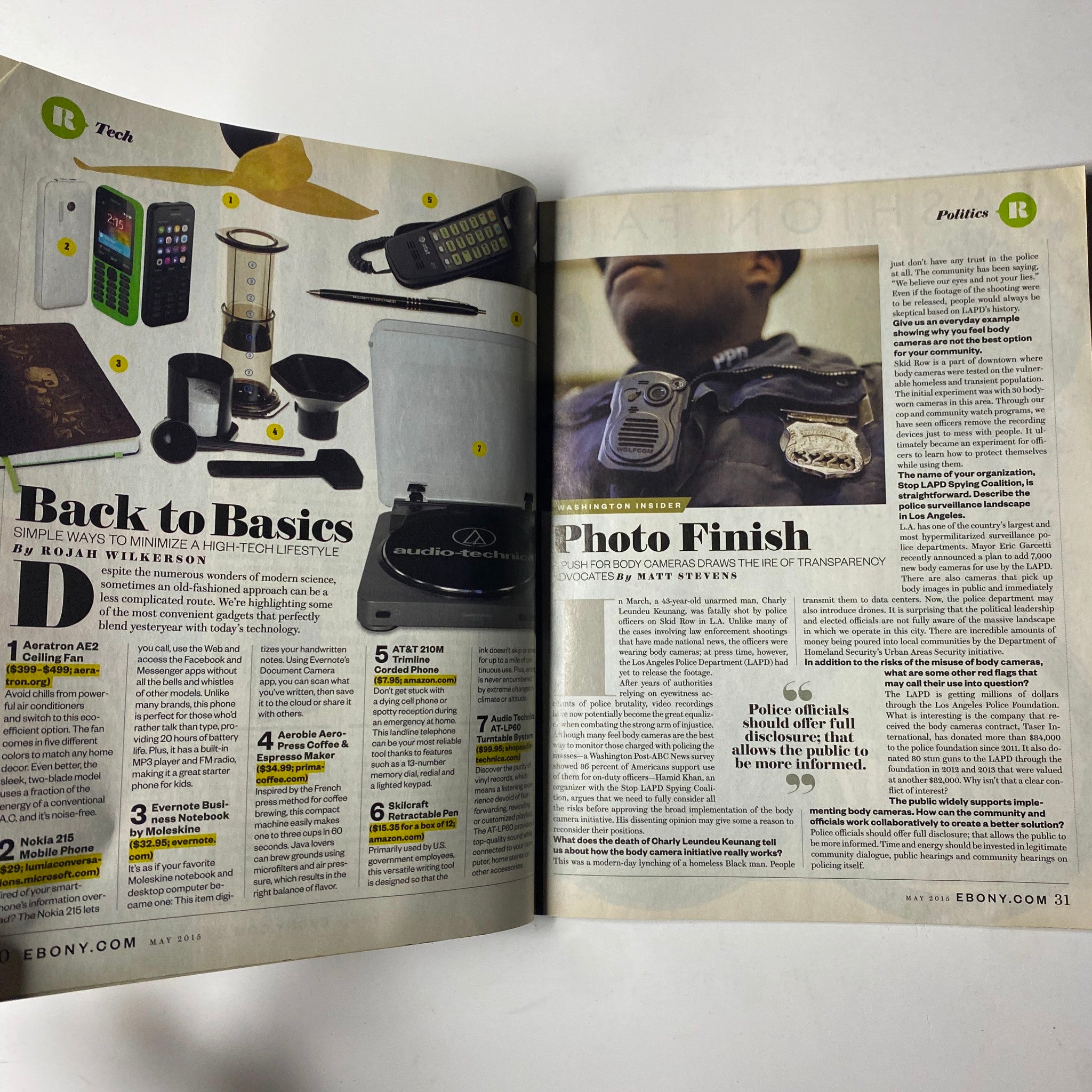 Interior page from Ebony Magazine May 2015 Vol. 70 No. 7, showcasing technology and politics articles, including 'Back to Basics' and 'Photo Finish', highlighting relevant social issues.