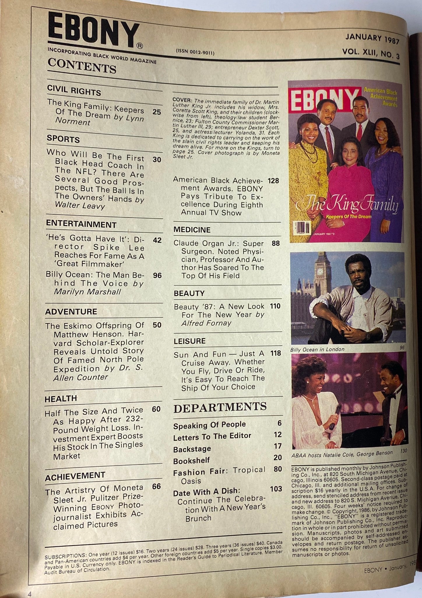 Interior page of Ebony Magazine January 1987 Vol 42 No. 3, listing contents including civil rights, entertainment, health, and achievements, highlighting The King Family.