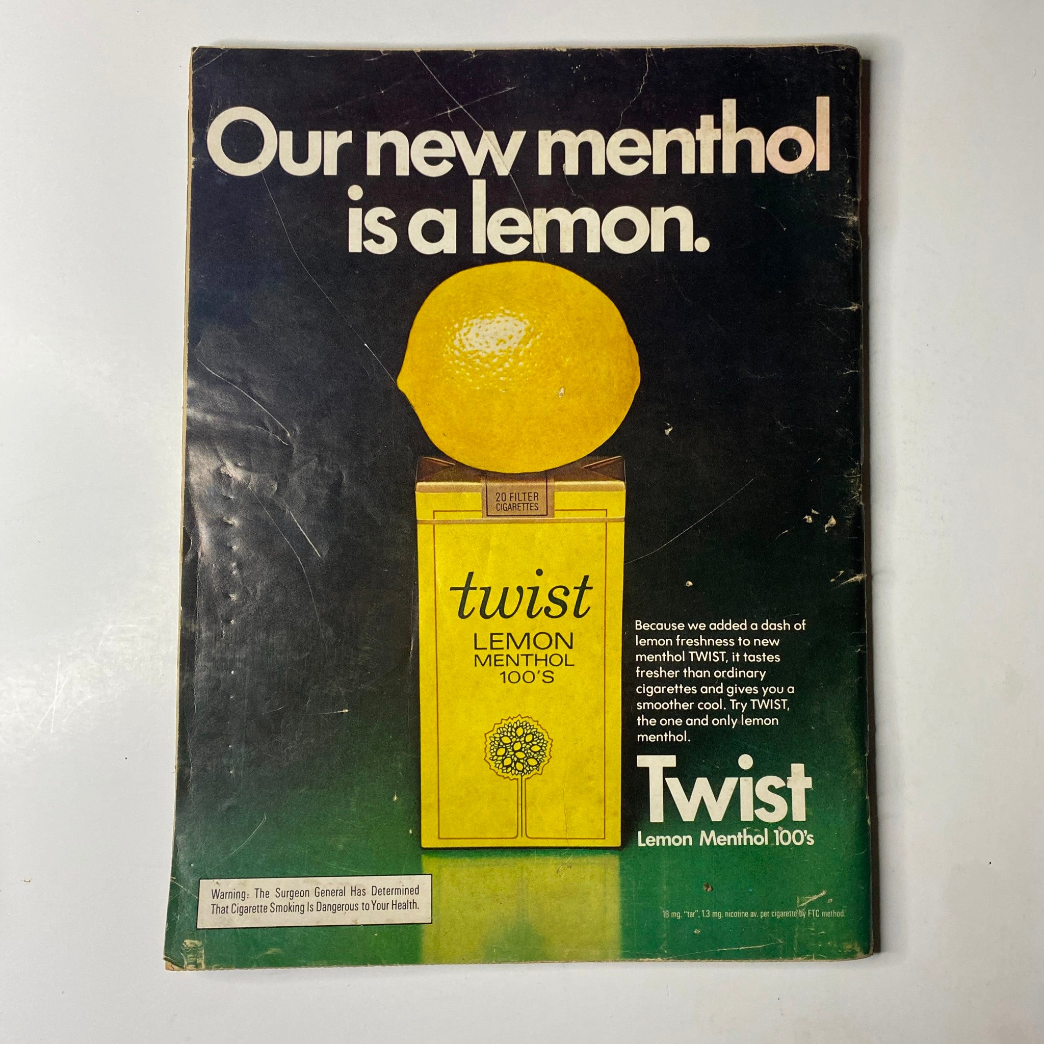 Advertisement for Twist Lemon Menthol 100's from the May 1974 issue of Ebony Magazine (Vol. 29, No. 7), highlighting the refreshing qualities of the product.
