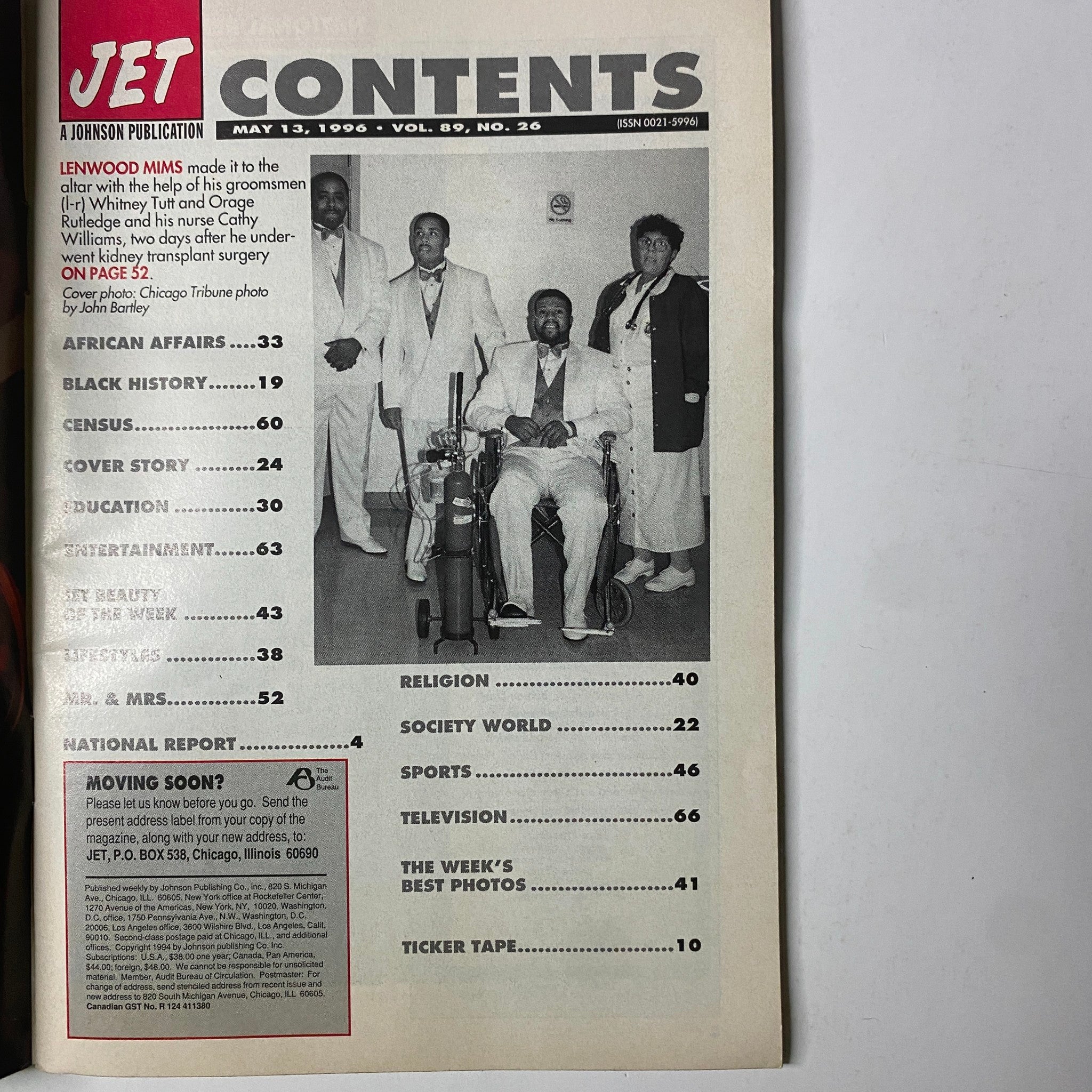 Table of contents page from Jet Magazine May 13, 1996, Vol. 89, No. 26, listing features including articles on African Affairs, Cover Story, and Society World, highlighting significant topics of the time.