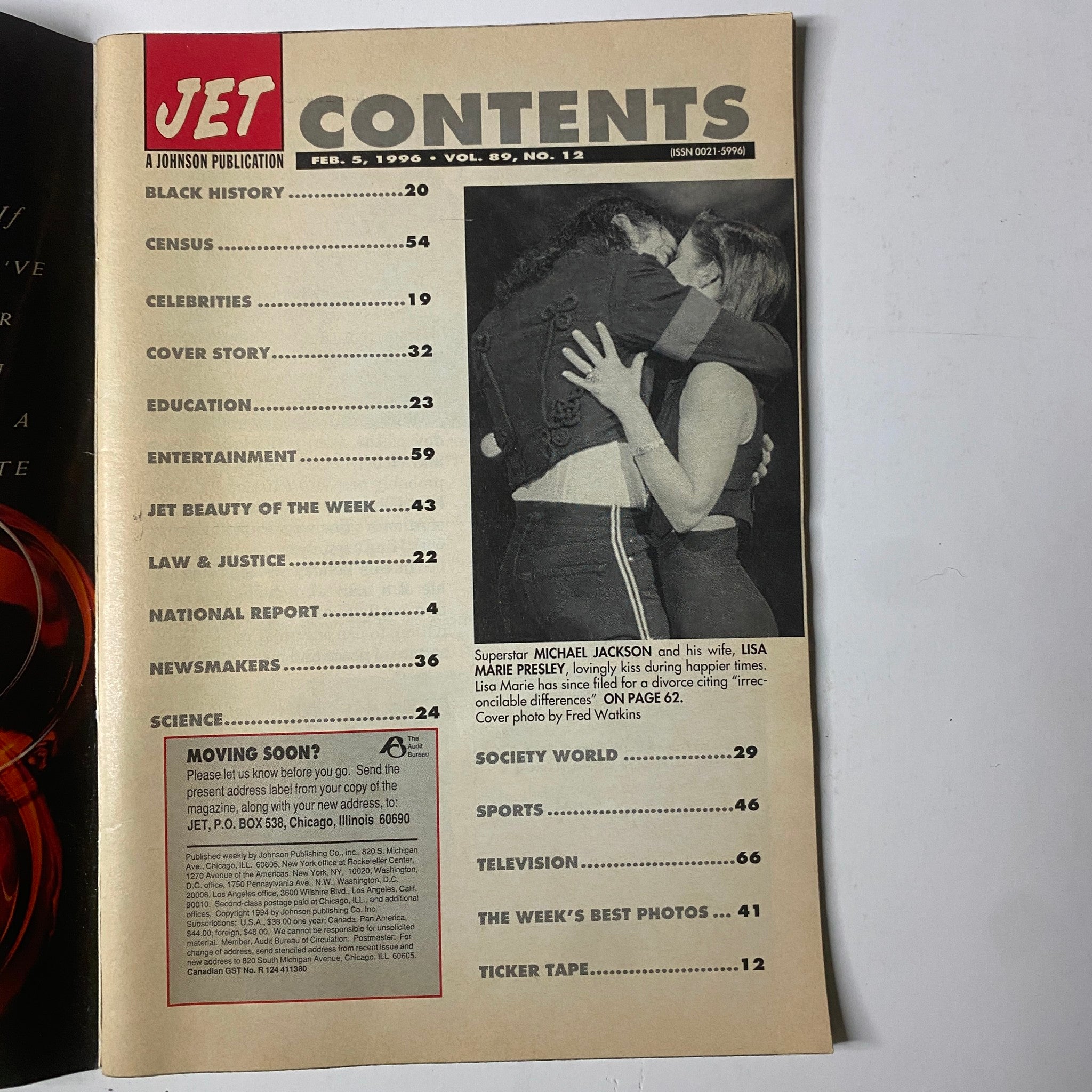 Contents page of Jet Magazine February 5, 1996, Vol. 89, No. 12, outlining featured articles including Black History, National Report, and celebrities.