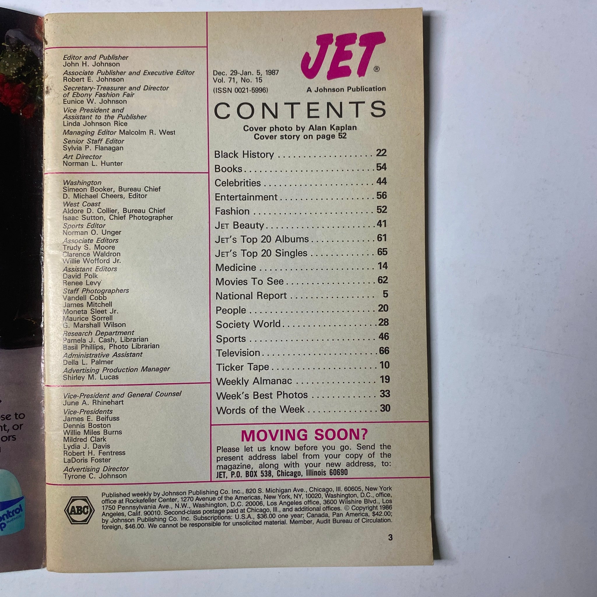 Contents page of Jet Magazine December 29, 1986 Vol. 71, No. 15 detailing articles including Black History, Celebrities, and Fashion, reflecting significant cultural topics.