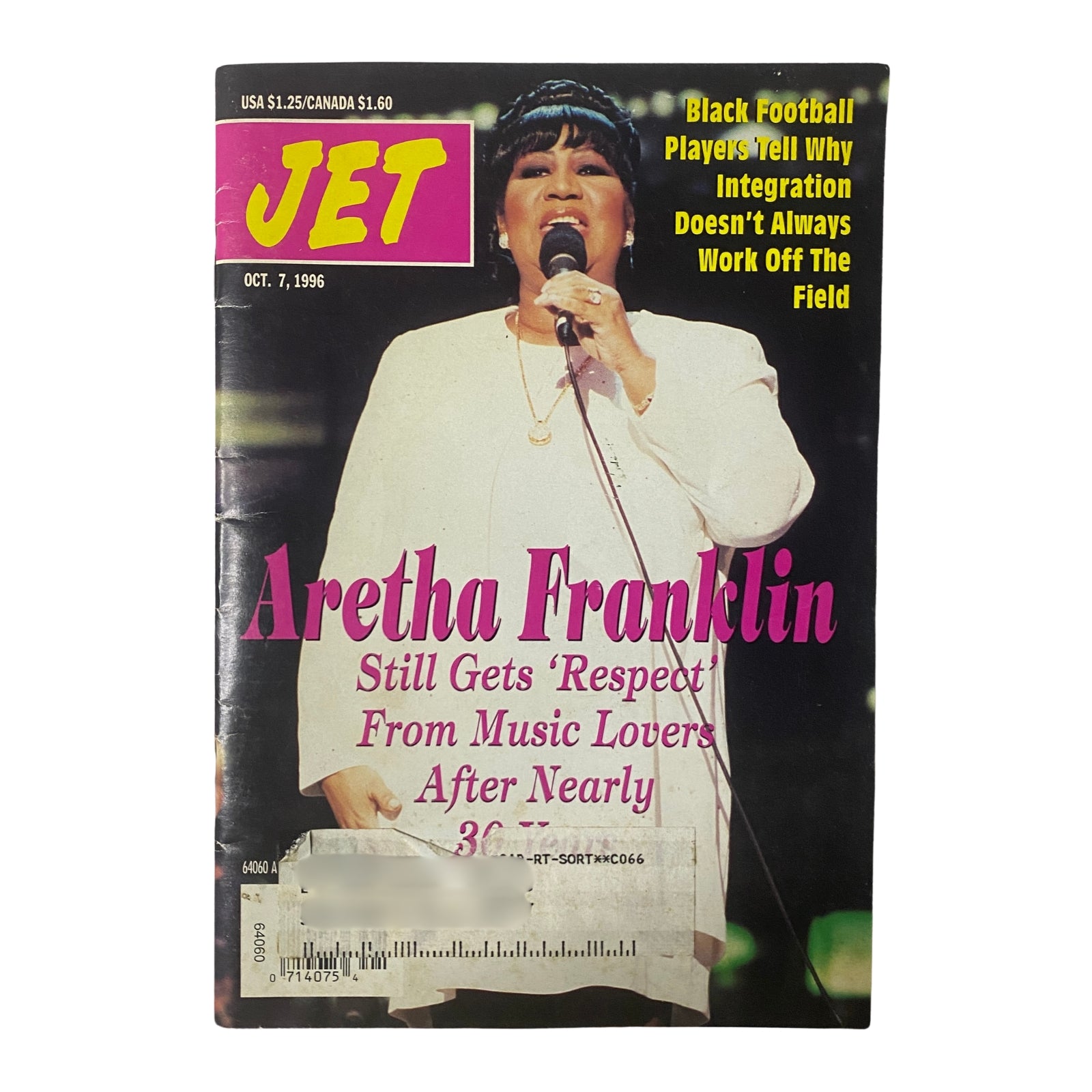 Jet Magazine cover from October 7, 1996, featuring Aretha Franklin with the headline 'Still Gets Respect From Music Lovers After Nearly 30 years'. This vintage magazine highlights the legacy of the Queen of Soul.