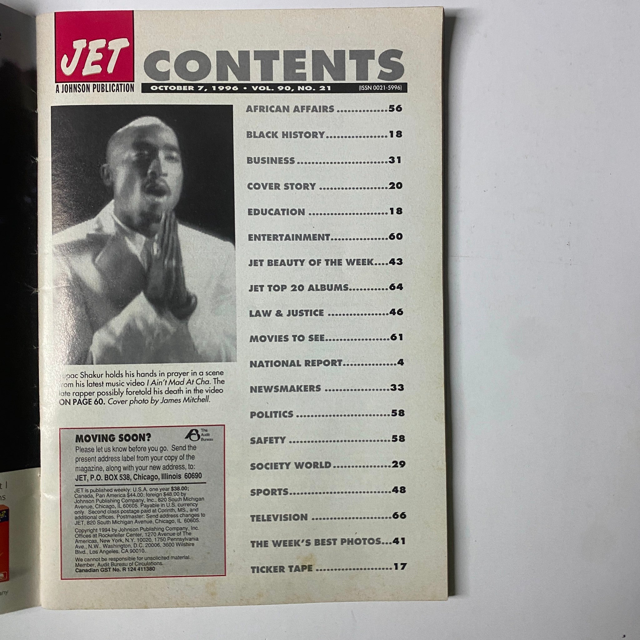 Contents page of Jet Magazine October 7, 1996, Vol. 90, No. 21 featuring articles on African affairs, business, entertainment, and the Jet Beauty of the Week.