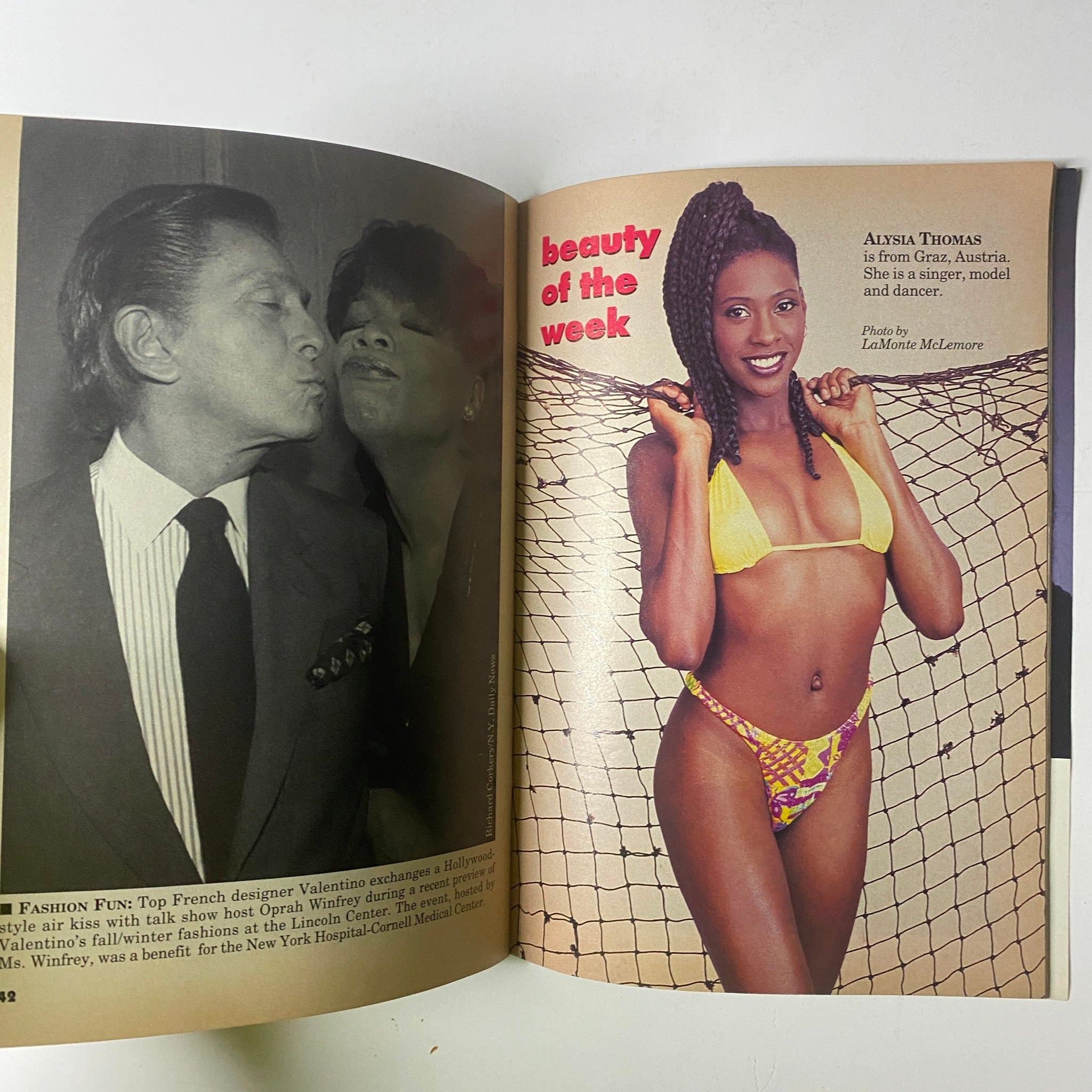 Jet Beauty of the Week feature from Jet Magazine October 7, 1996, Vol. 90, No. 21 showcasing model Alysha Thomas in a bikini, highlighting her achievement as a singer and dancer.