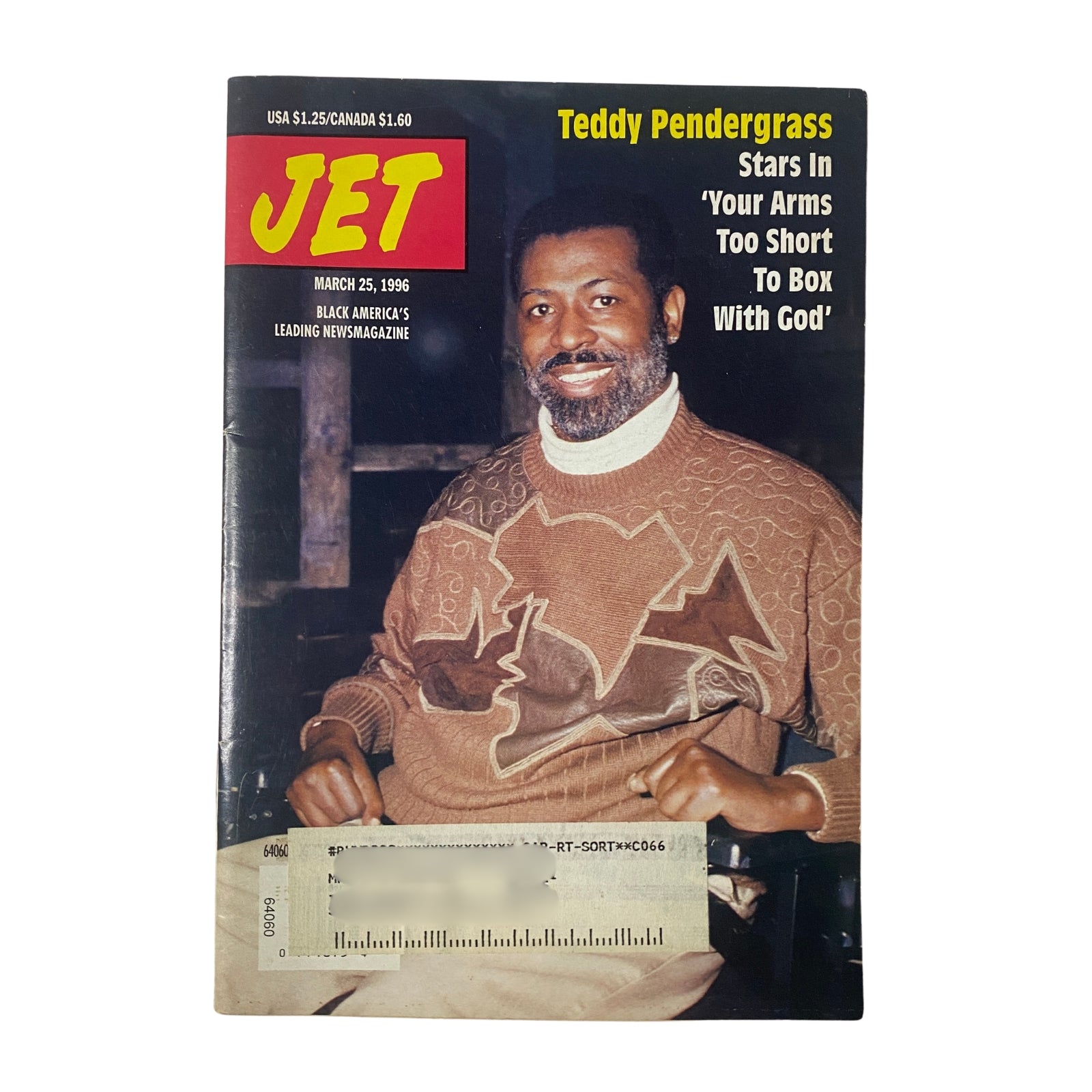 Jet Magazine cover from March 25, 1996, featuring legendary soul singer Teddy Pendergrass, stars in 'Your Arms Too Short to Box With God', Volume 89, No. 19.