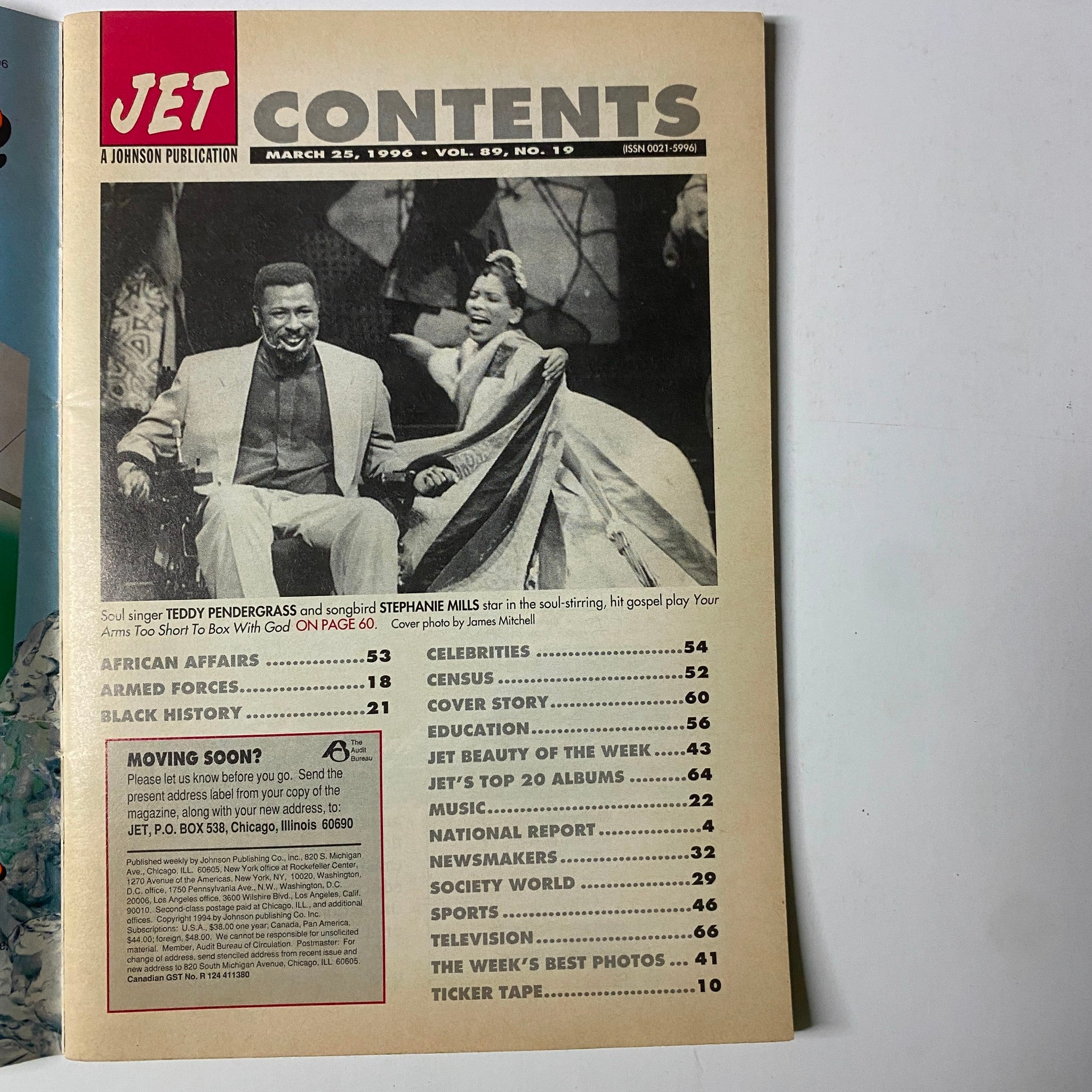 Contents page of Jet Magazine, March 25, 1996, Vol. 89, No. 19, highlighting articles including Teddy Pendergrass and Stephanie Mills.