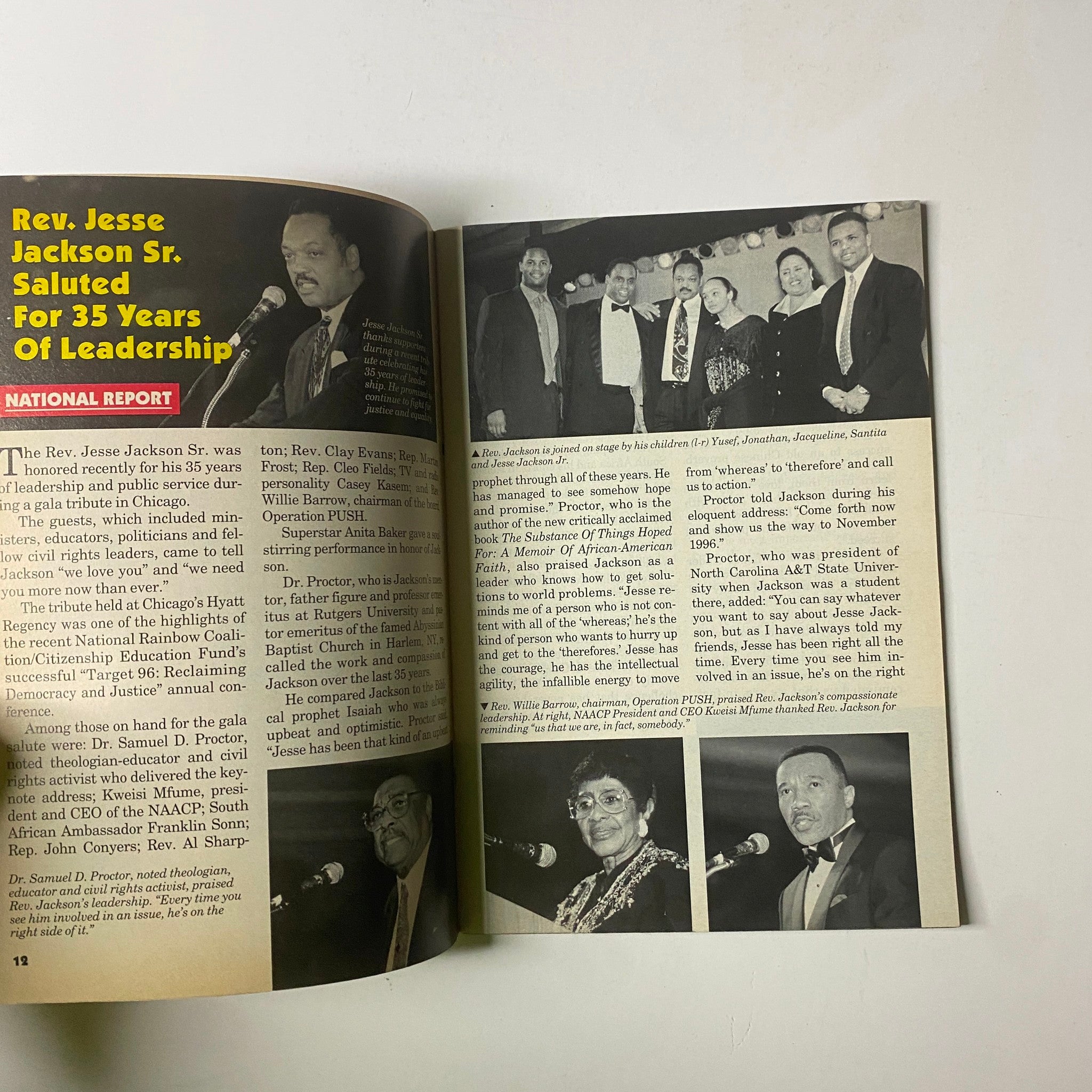 Image from Jet Magazine March 25, 1996 featuring Rev. Jesse Jackson Sr. commemorating 35 years of leadership in the National Report section, highlighting significant achievements and appearances.