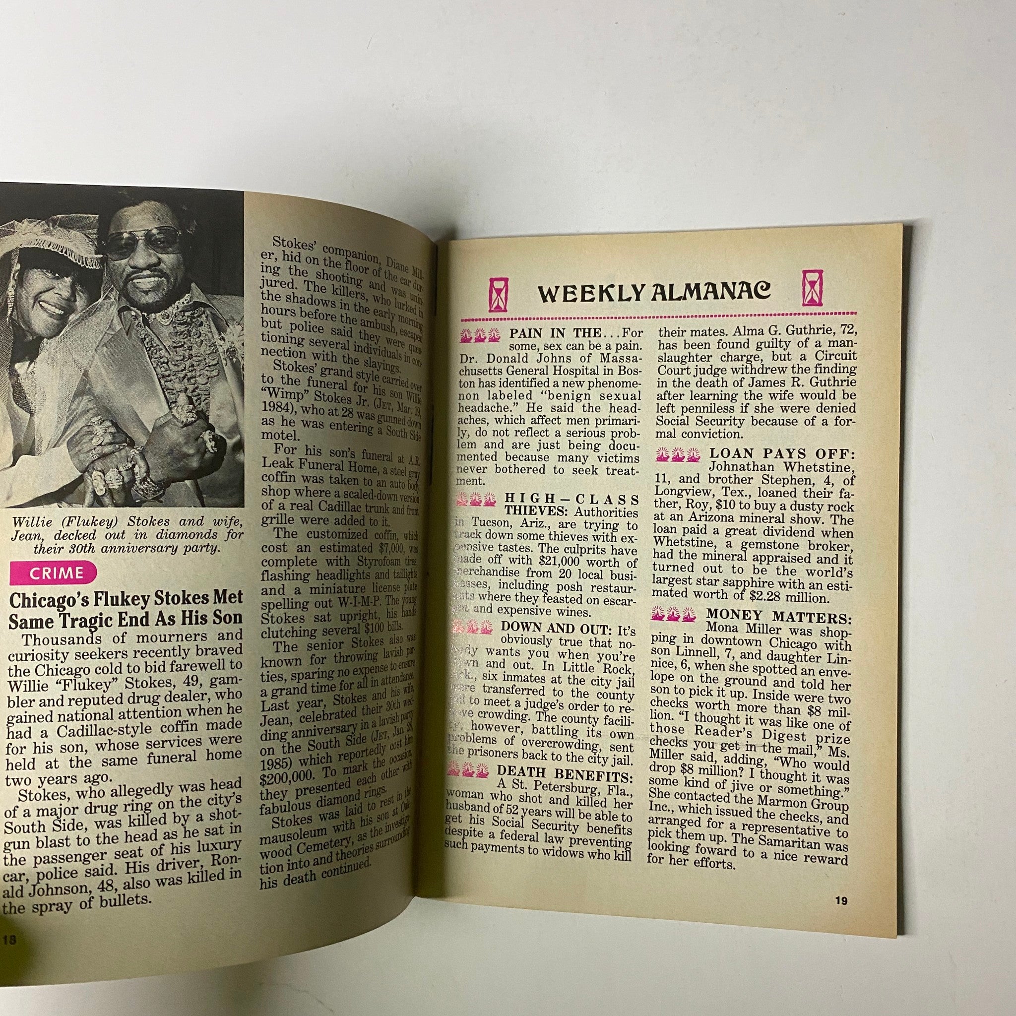Page from Jet Magazine December 8, 1986 Vol. 71, No. 12 featuring the Weekly Almanac section, providing historical notes and significant dates.