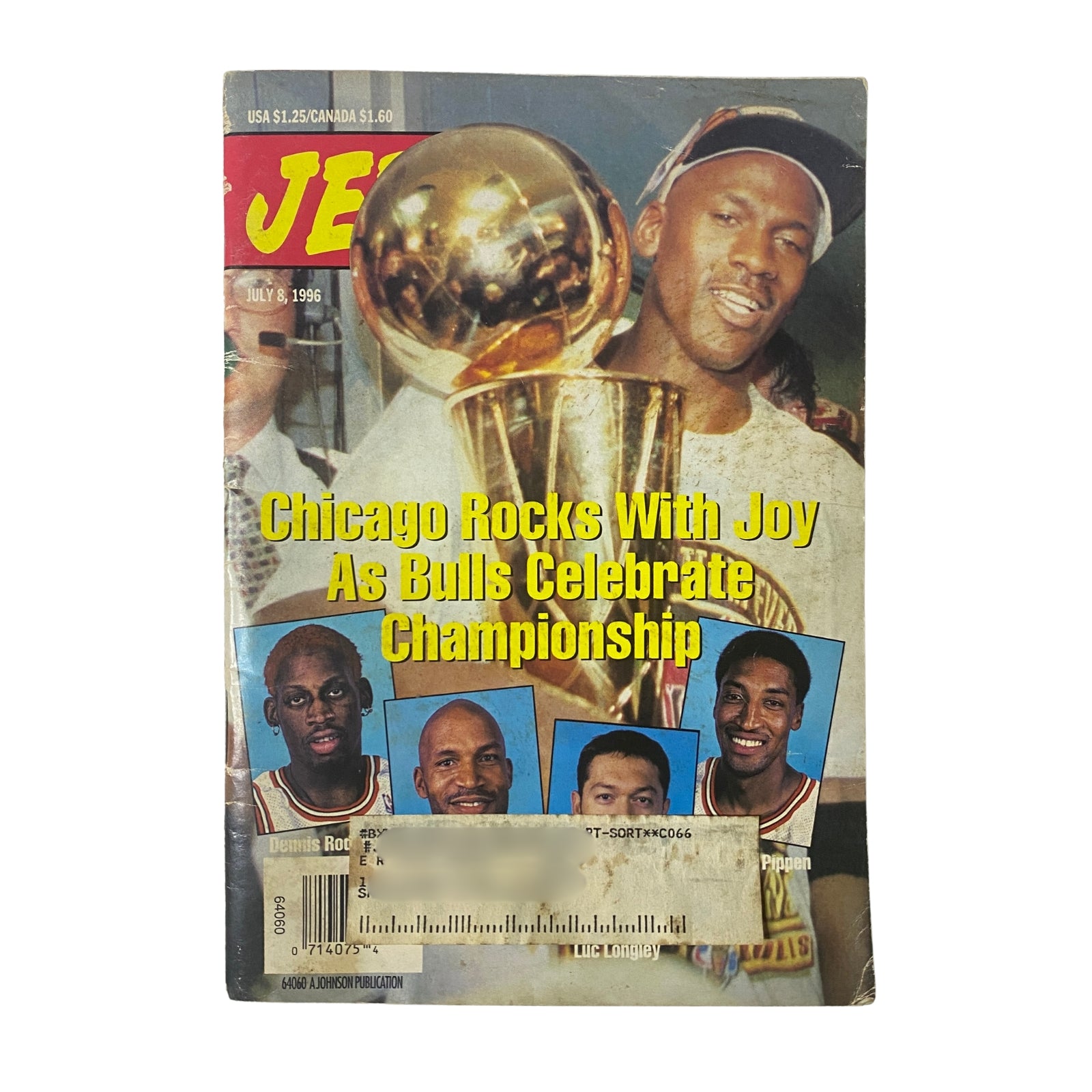 Jet Magazine July 8, 1996 Vol. 90, No. 8 featuring Michael Jordan celebrating the Chicago Bulls Championship win with an iconic trophy on the cover.