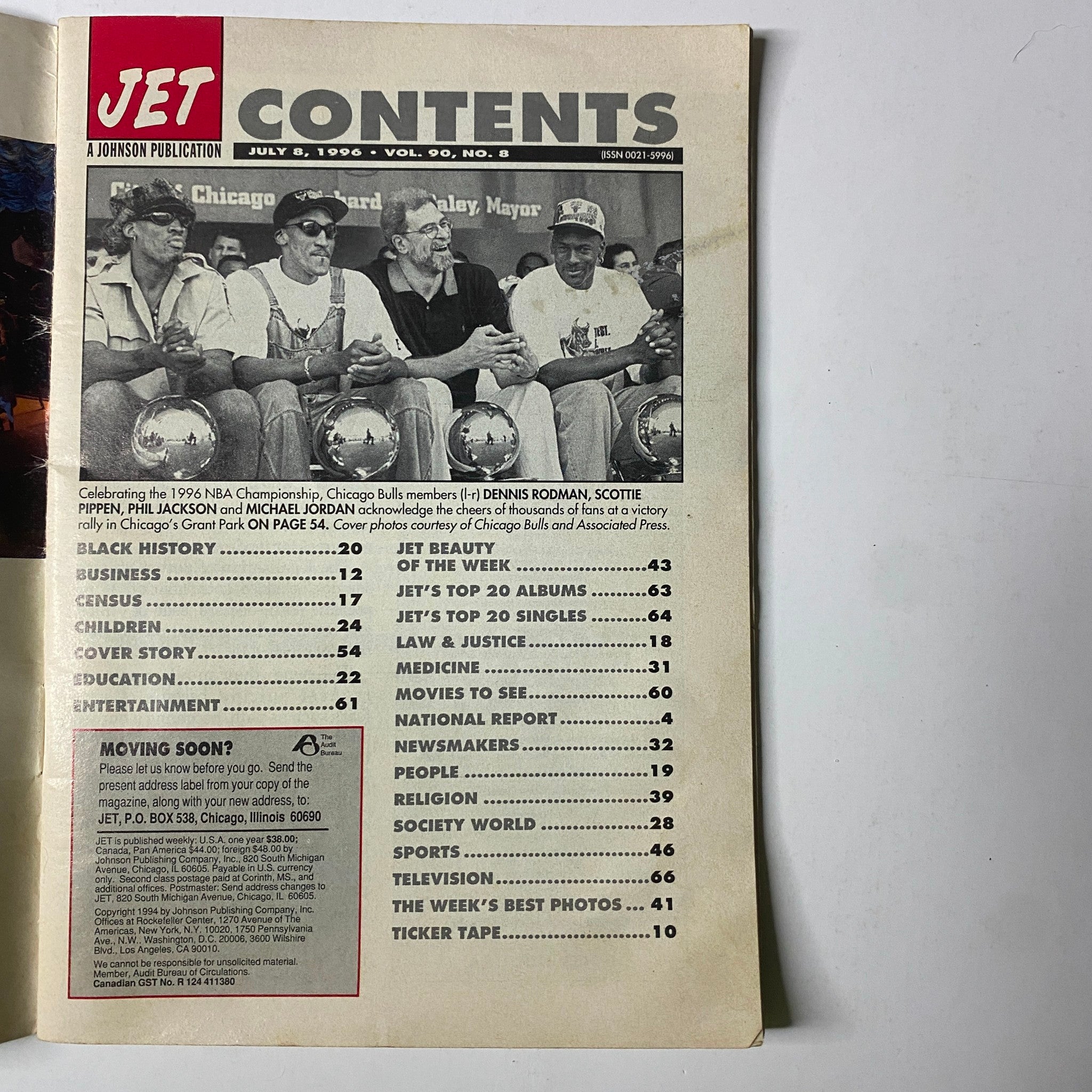 Contents page of Jet Magazine July 8, 1996 Vol. 90, No. 8, outlining articles on the Chicago Bulls Championship, Black history, and entertainment.