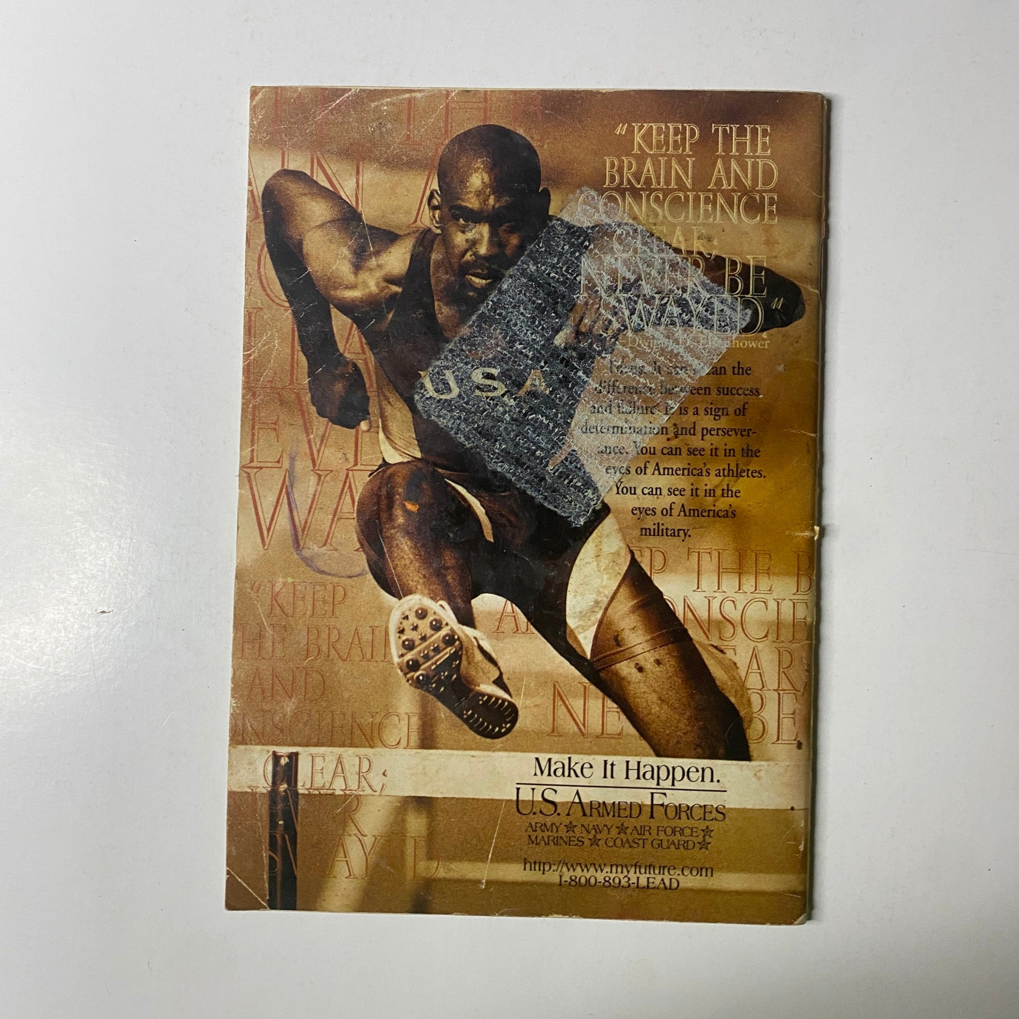 U.S. Armed Forces advertisement featuring a muscular athlete in motion, promoting the message 'Keep The Brain and Conscience,' showcasing their dedication to excellence in physical fitness and success as captured in the Jet Magazine July 8, 1996 issue titled 'Jet Magazine July 8, 1996 Vol. 90, No. 8 Michael Jordan, Dennis Rodman Cover.'