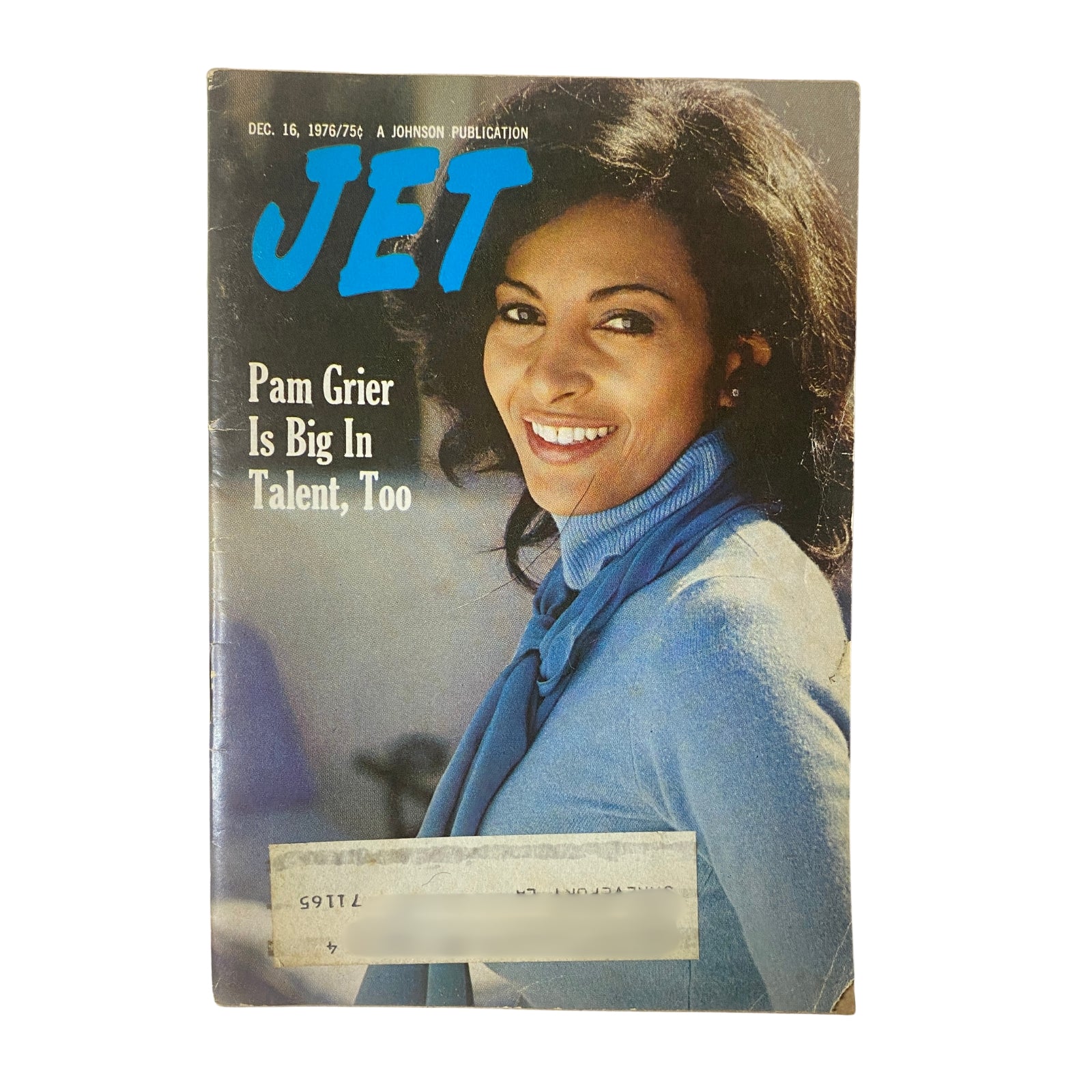 Cover of Jet Magazine December 16, 1976, featuring Pam Grier, showcasing her talent and beauty in a stylish outfit, Vol. 51, No. 13.
