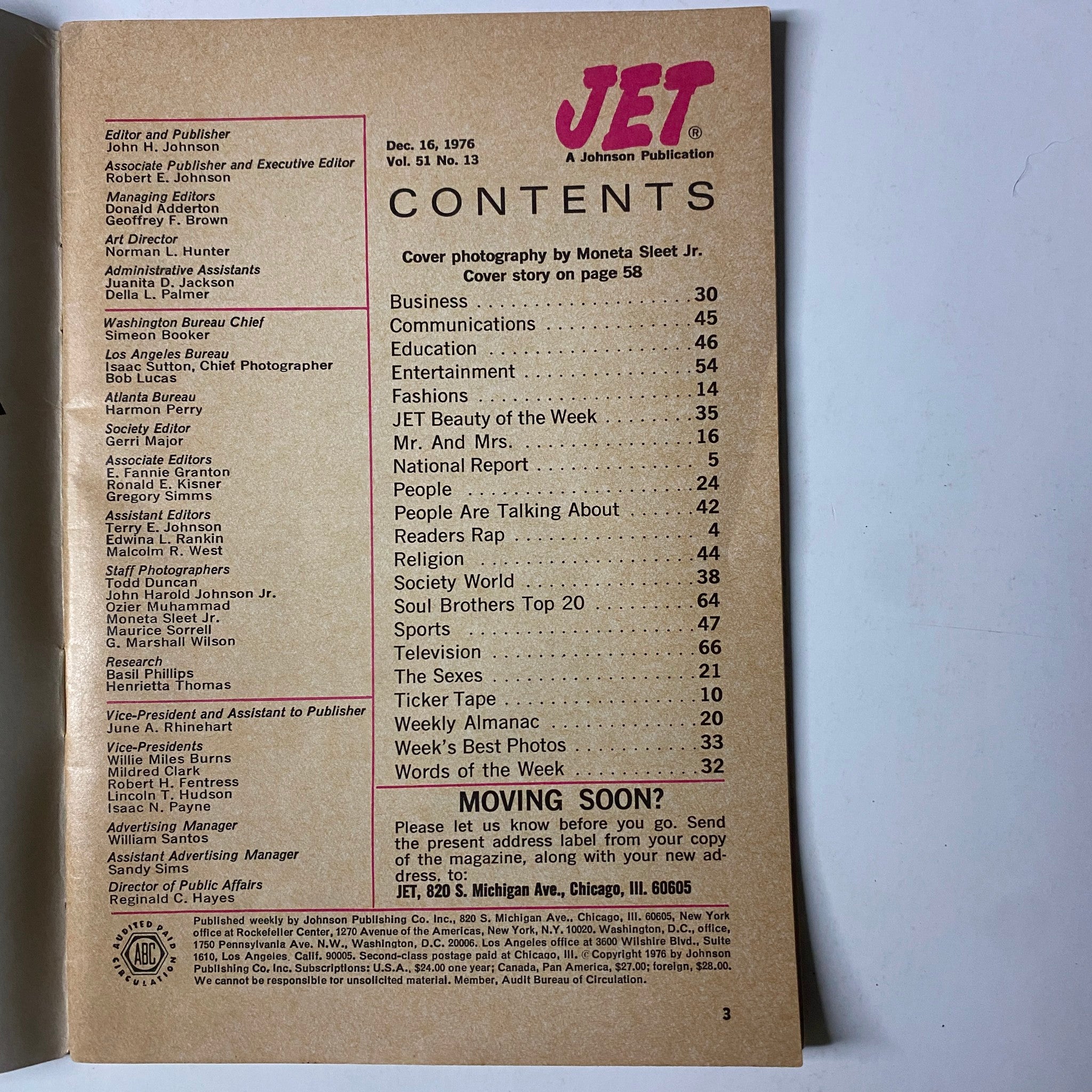 Contents page of Jet Magazine December 16, 1976, detailing featured articles including the cover story on Pam Grier, Vol. 51, No. 13.
