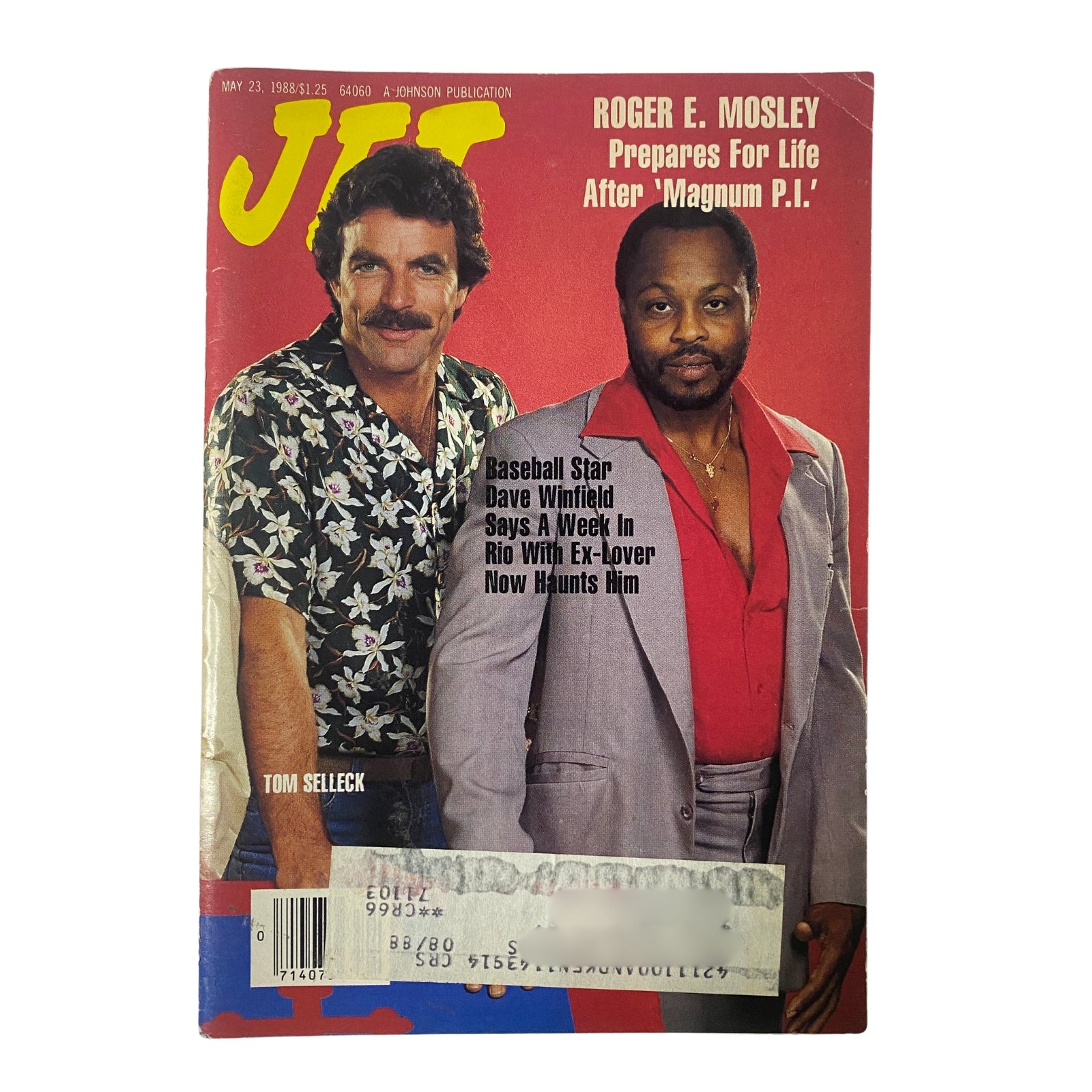 Cover of Jet Magazine from May 23, 1988 featuring Tom Selleck and Roger E. Mosley, highlighting their roles in Magnum, P.I. Vol. 74, No. 8.