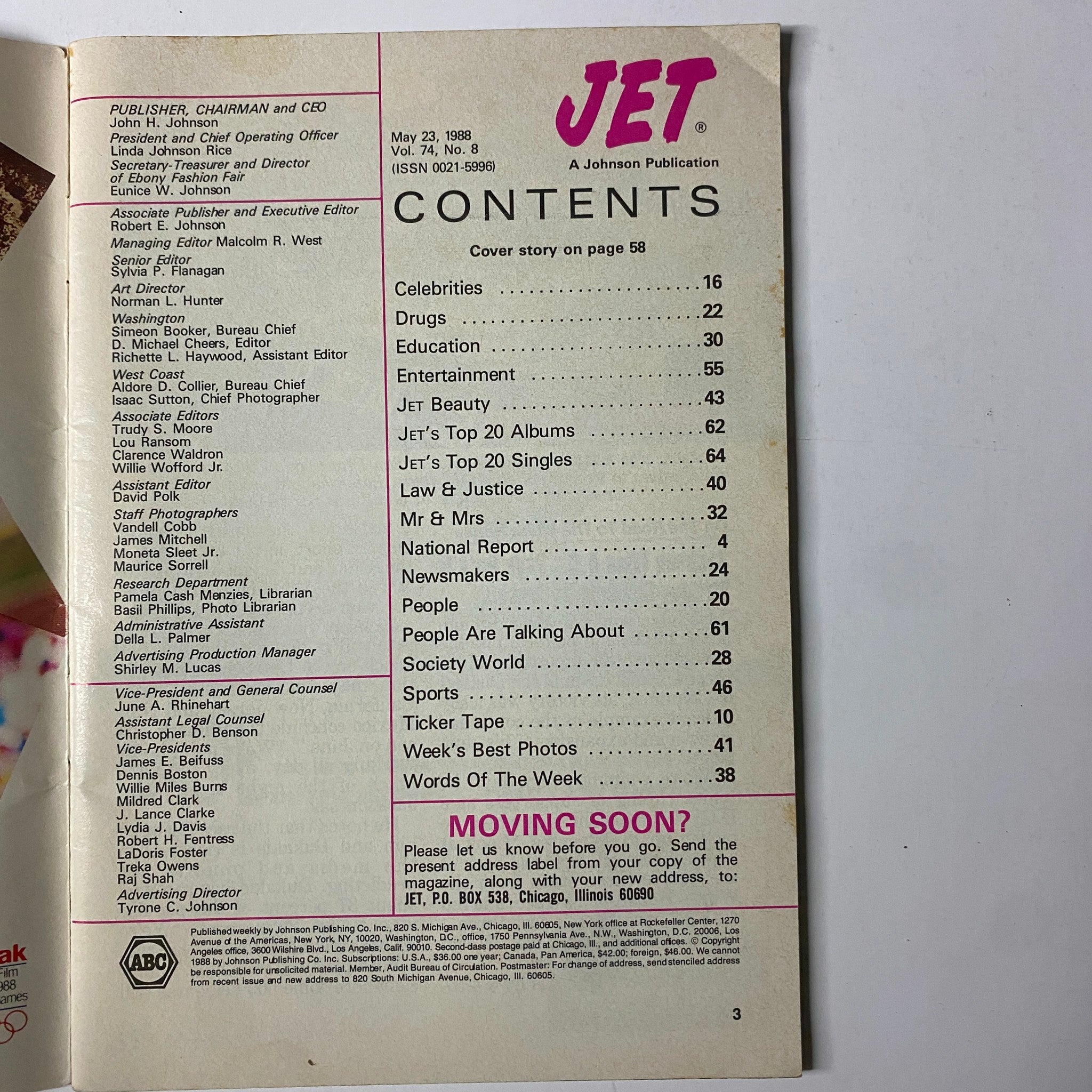 Contents page of Jet Magazine May 23, 1988, listing articles including the cover story on Tom Selleck and Roger E. Mosley.
