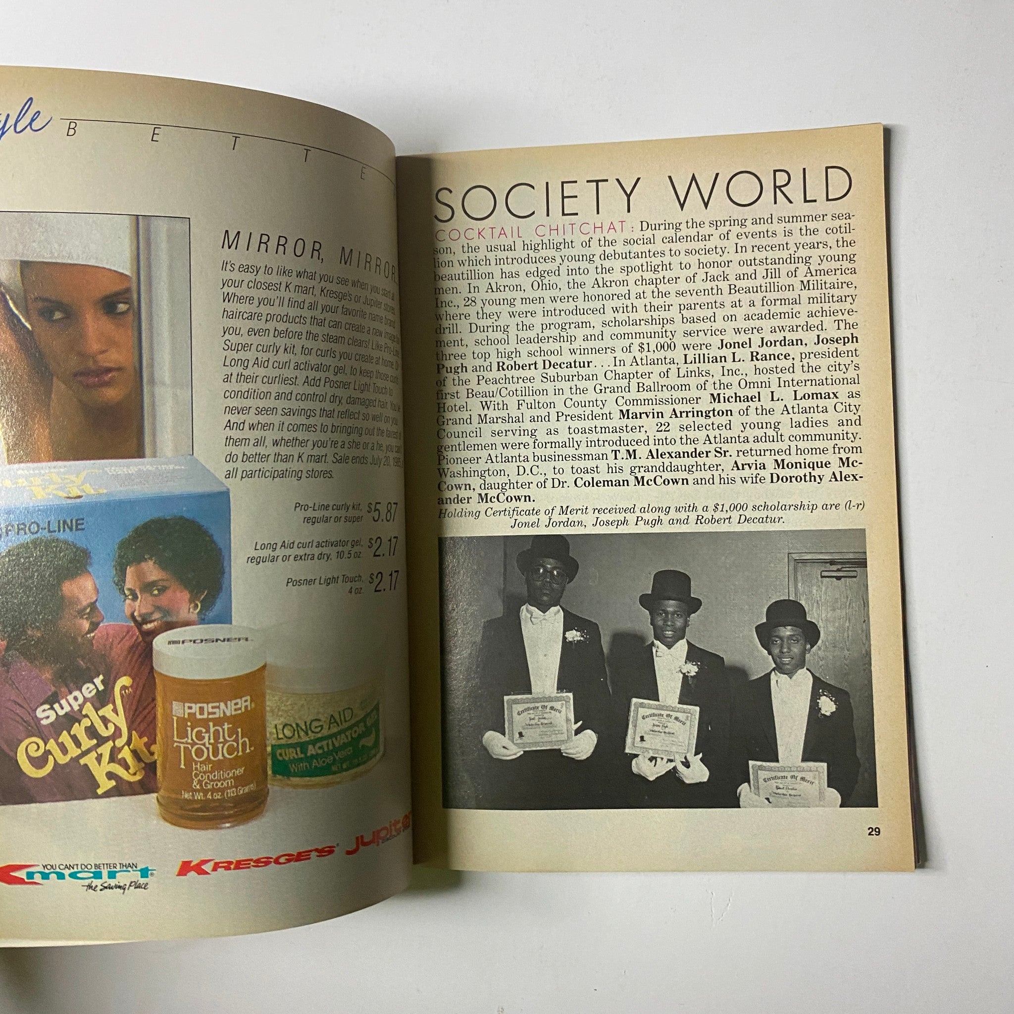 Society World section of Jet Magazine, showcasing a social event with elegantly dressed individuals from the July 1, 1985 issue.