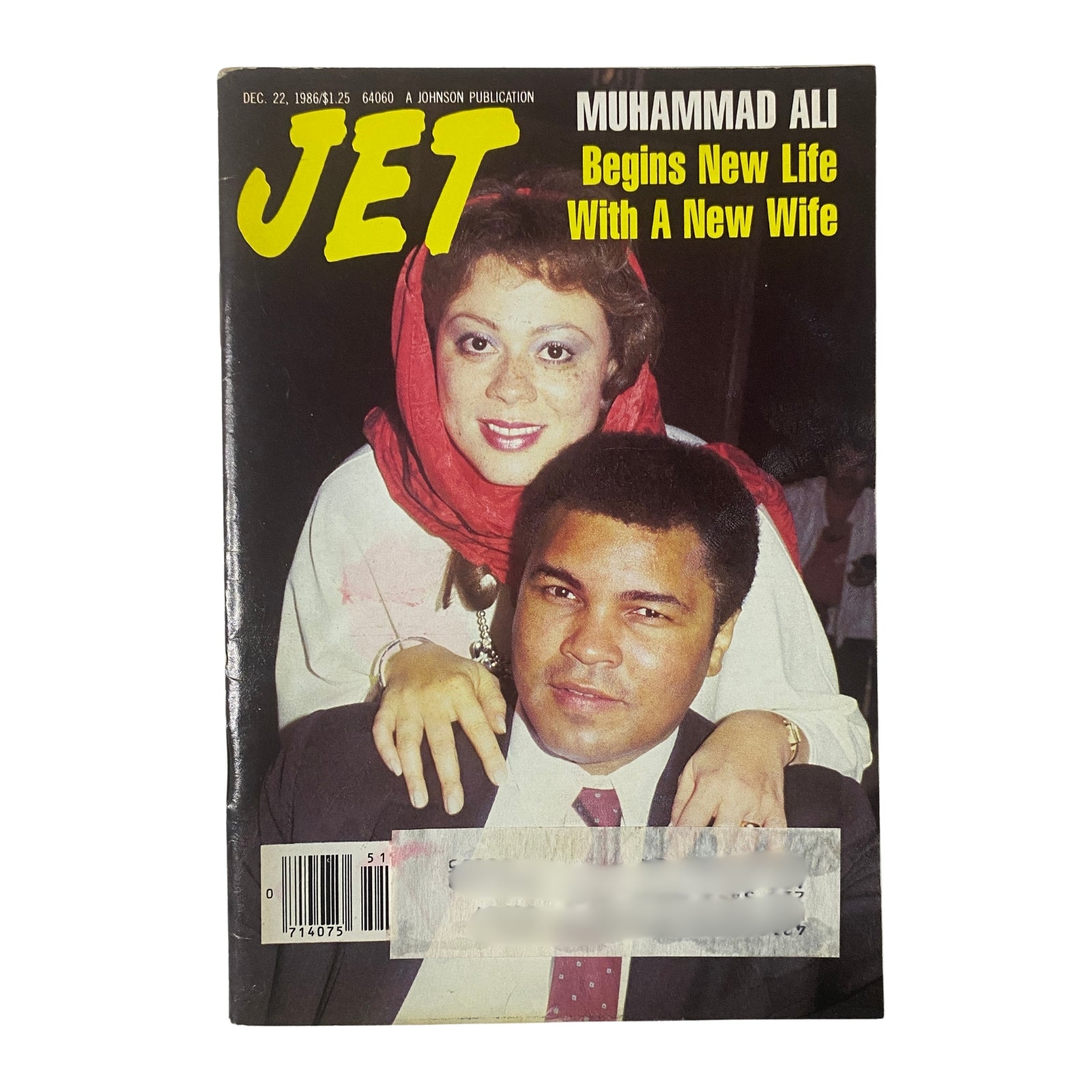 Cover of Jet Magazine from December 22, 1986, featuring Muhammad Ali and his new wife. The magazine showcases notable stories including Ali's new life and impact beyond boxing.