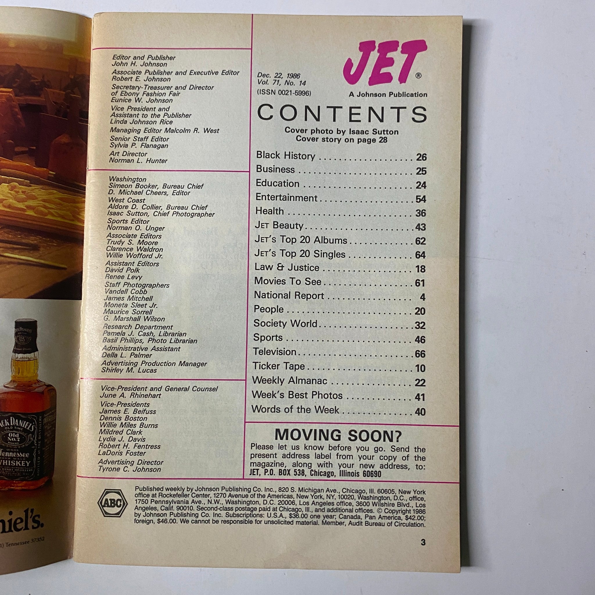 Contents page of Jet Magazine, December 22, 1986, featuring the cover story on Muhammad Ali and other sections including business, health, and entertainment, from Volume 71, No. 14.