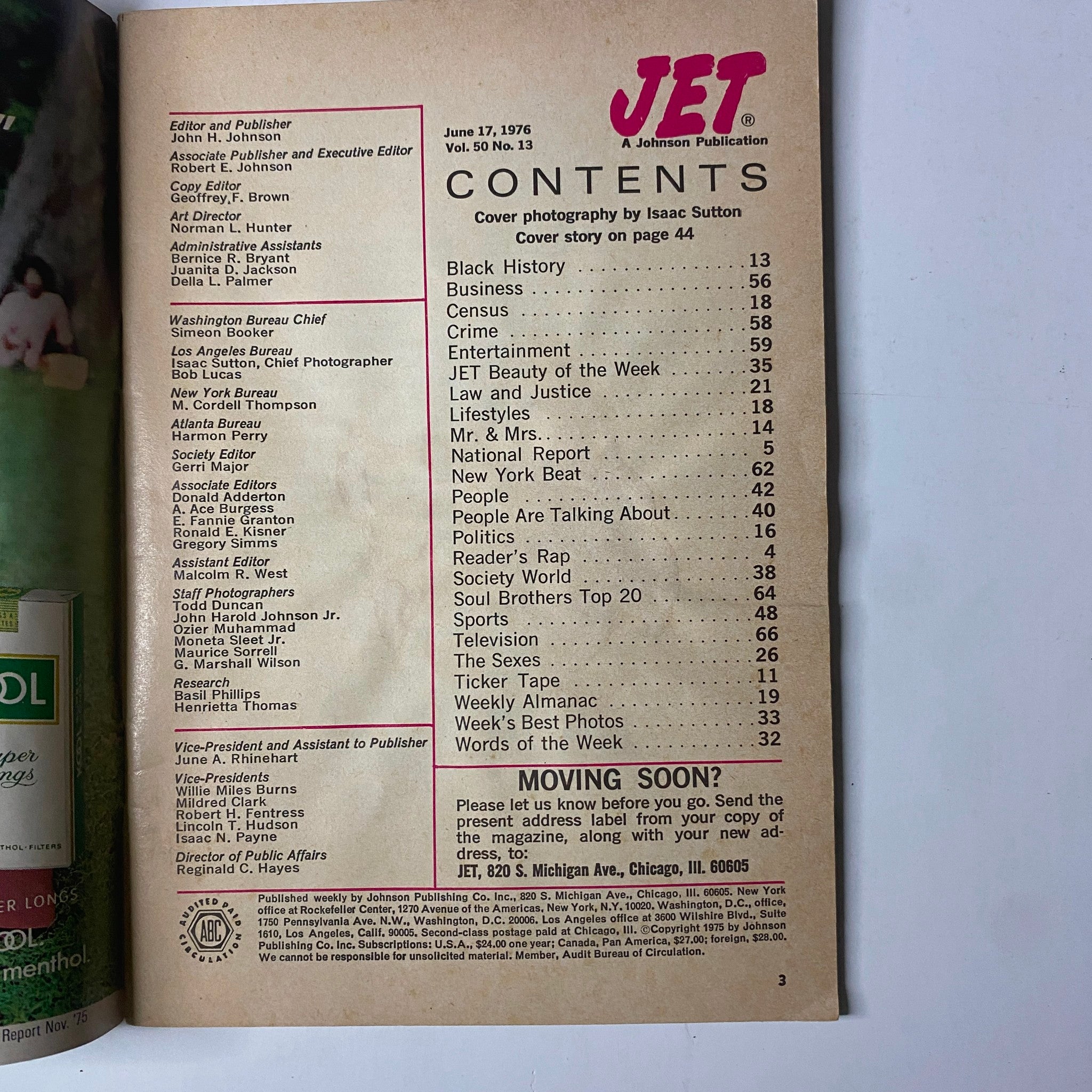 Contents page of Jet Magazine, June 17, 1976, providing an overview of articles including the cover story featuring Della Reese, along with other sections on politics, entertainment, and lifestyle.