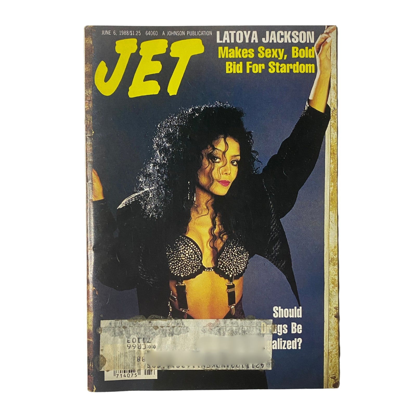 Cover of Jet Magazine from June 6, 1988, featuring LaToya Jackson, emphasizing her bold style and the headline about her bid for stardom. Vol. 74, No. 10.