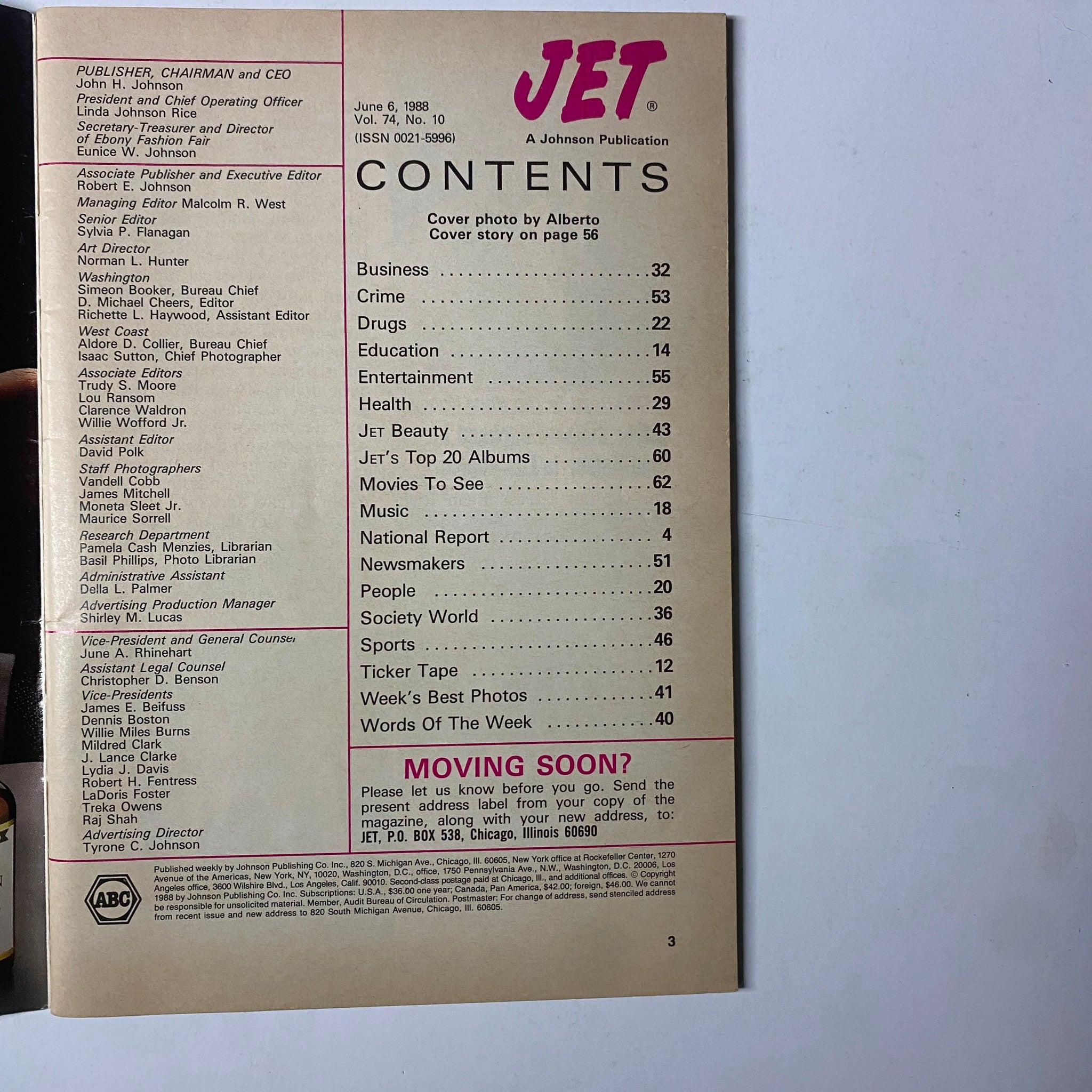 Table of contents page from Jet Magazine, June 6, 1988, listing articles including features on crime, education, and LaToya Jackson's cover story. Vol. 74, No. 10.
