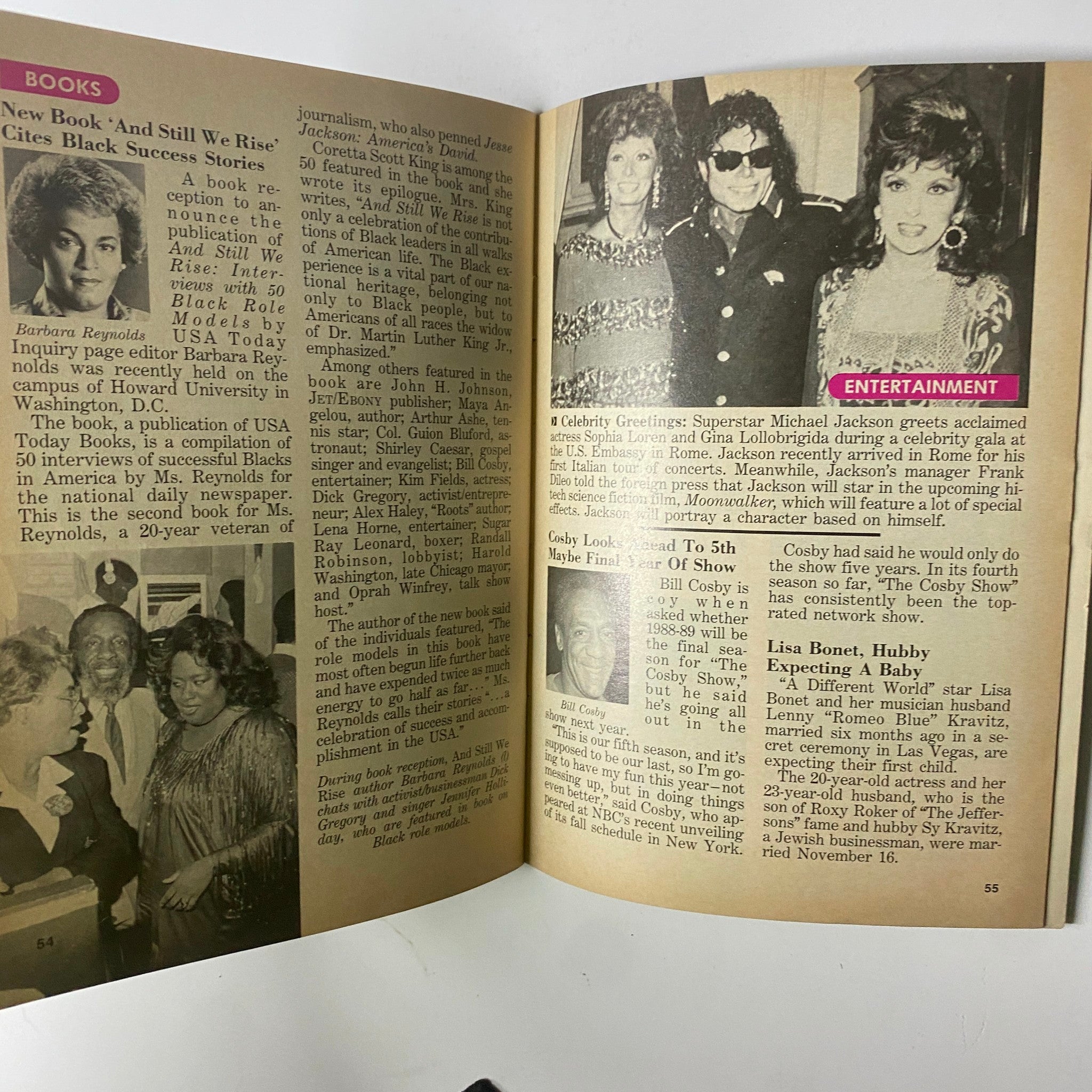 Page from Jet Magazine June 6, 1988 showcasing a book feature and entertainment news, featuring notable figures from the Black music scene, alongside an article about Michael Jackson.
