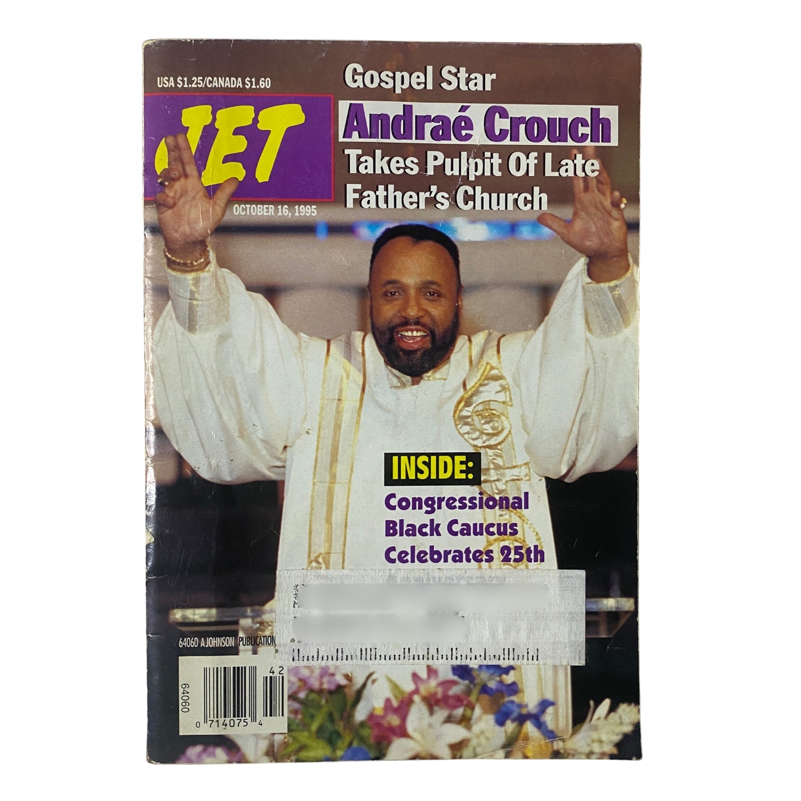 Jet Magazine cover featuring Gospel star Andraé Crouch from October 16, 1995, Vol. 88, No. 23. Highlights Crouch's role as pastor and includes the headline on the significant transition in his life.