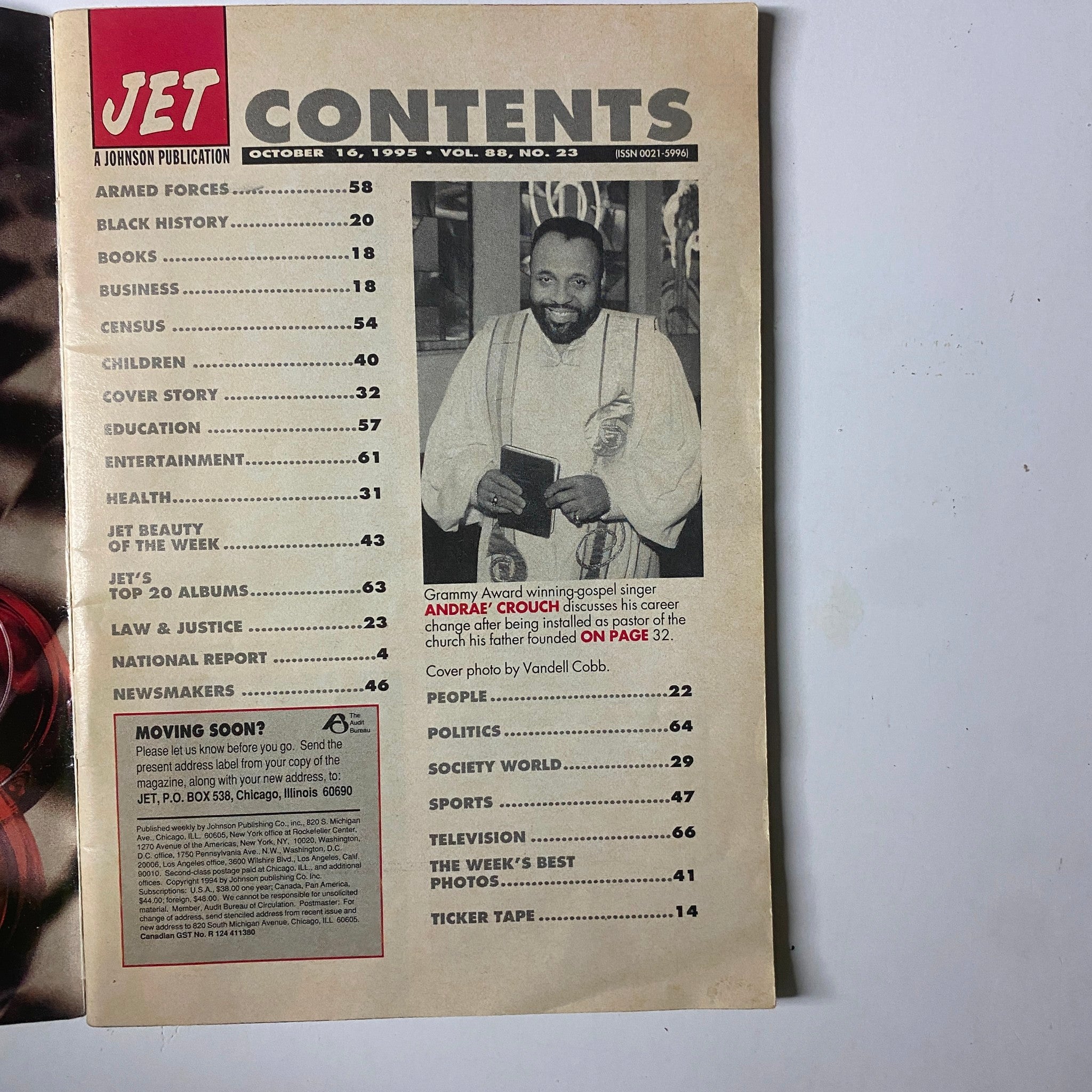 Contents page of Jet Magazine, October 16, 1995, Vol. 88, No. 23, showcasing articles including the cover story on Andraé Crouch, alongside entries on Black history, business, and music.