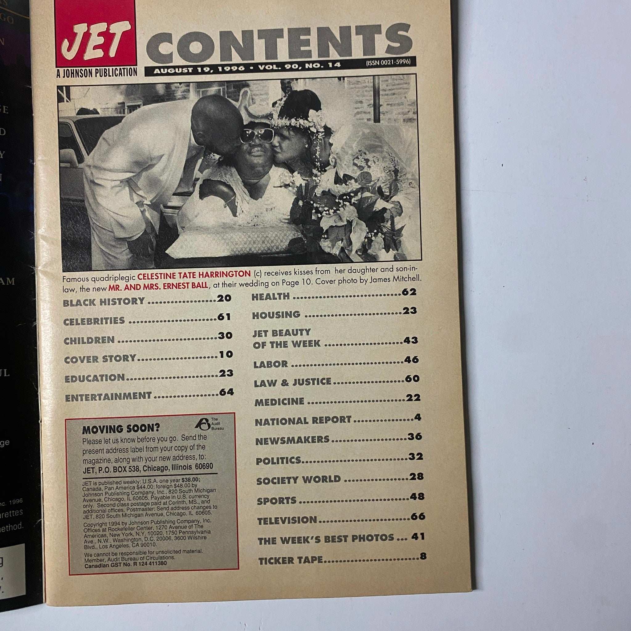 Contents page of Jet Magazine August 19, 1996, Vol. 90, No. 14, detailing articles including Black history, health, and celebrity features associated with the cover wedding story.