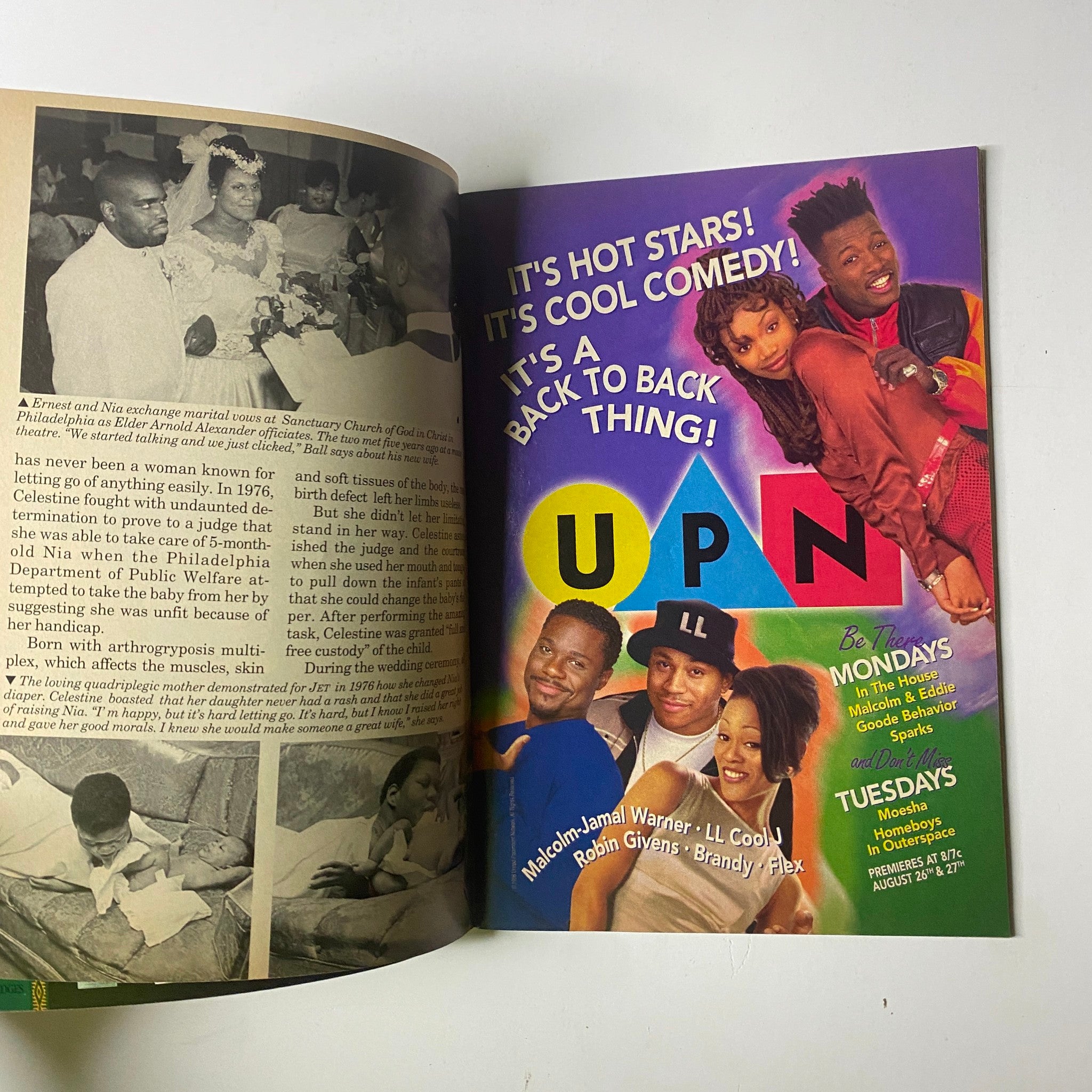 Inside page of Jet Magazine August 19, 1996 featuring a spotlight on famous TV stars promoting the UPN network, alongside images from the wedding of Ernest and Nia Ball.