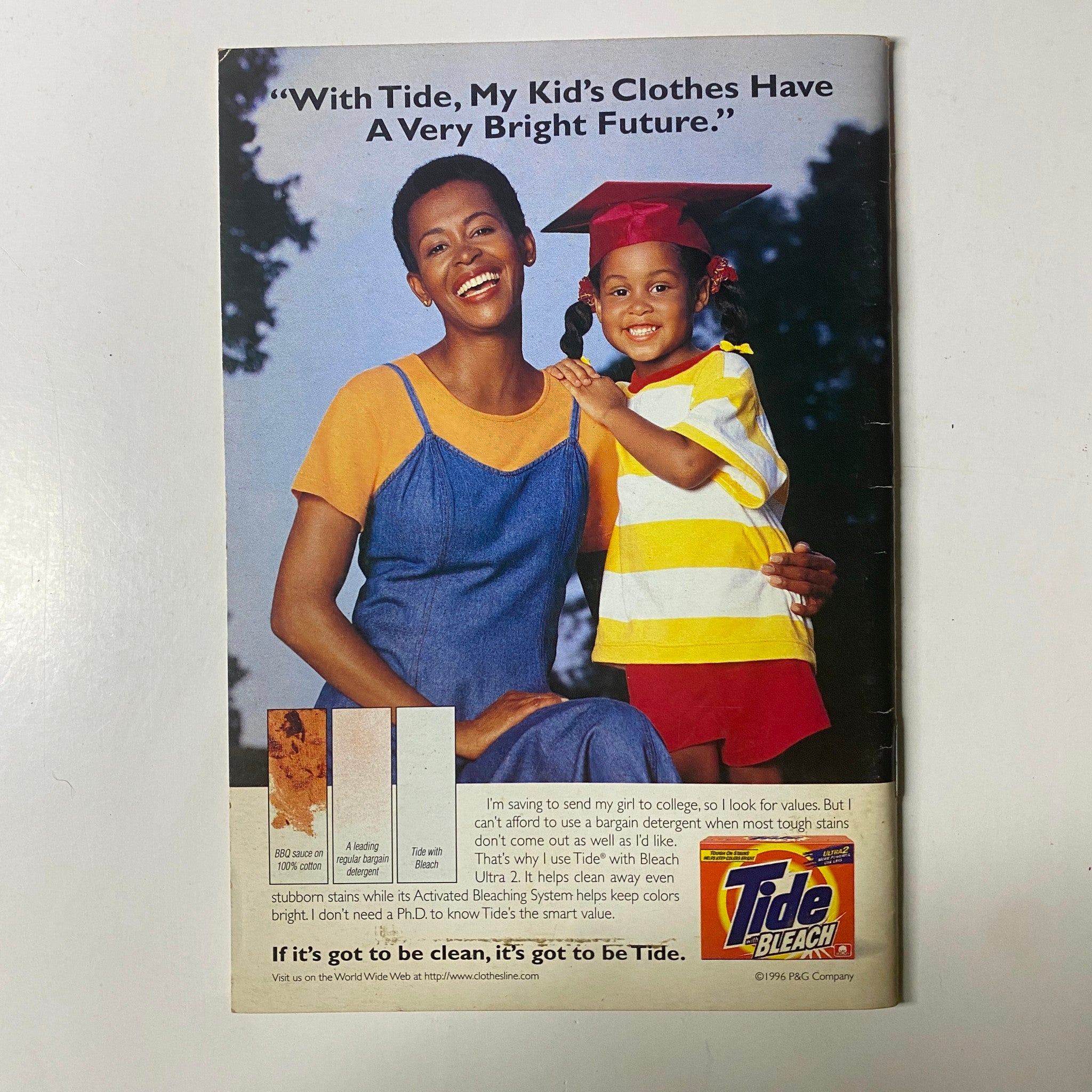 Advertisement in Jet Magazine August 19, 1996 for Tide bleach, emphasizing the importance of clean clothes for children's bright futures.