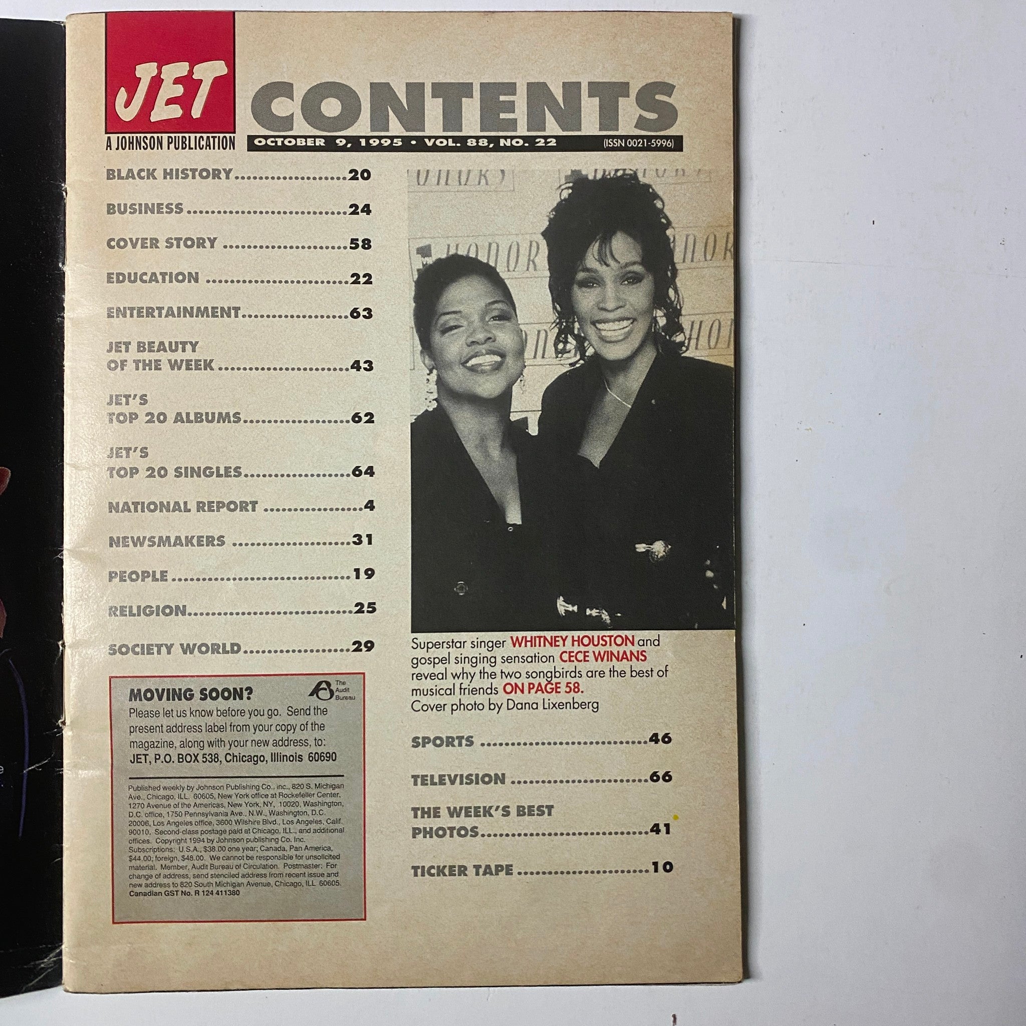 Contents page of Jet Magazine October 9, 1995, Vol. 88, No. 22, listing articles including the cover story on Whitney Houston and CeCe Winans.