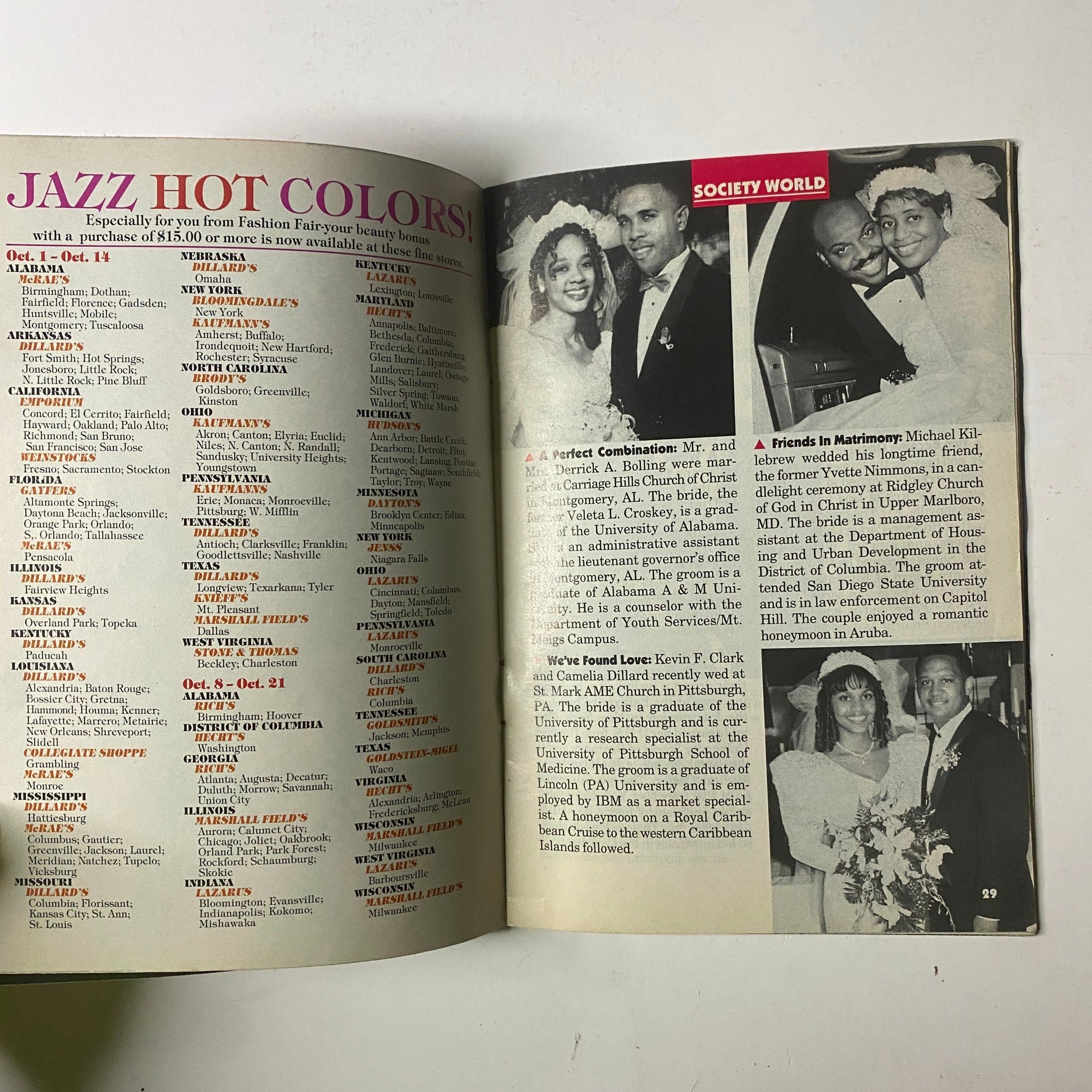 An inside page of Jet Magazine October 9, 1995, Vol. 88, No. 22, featuring a section on Society World with images from featured weddings.