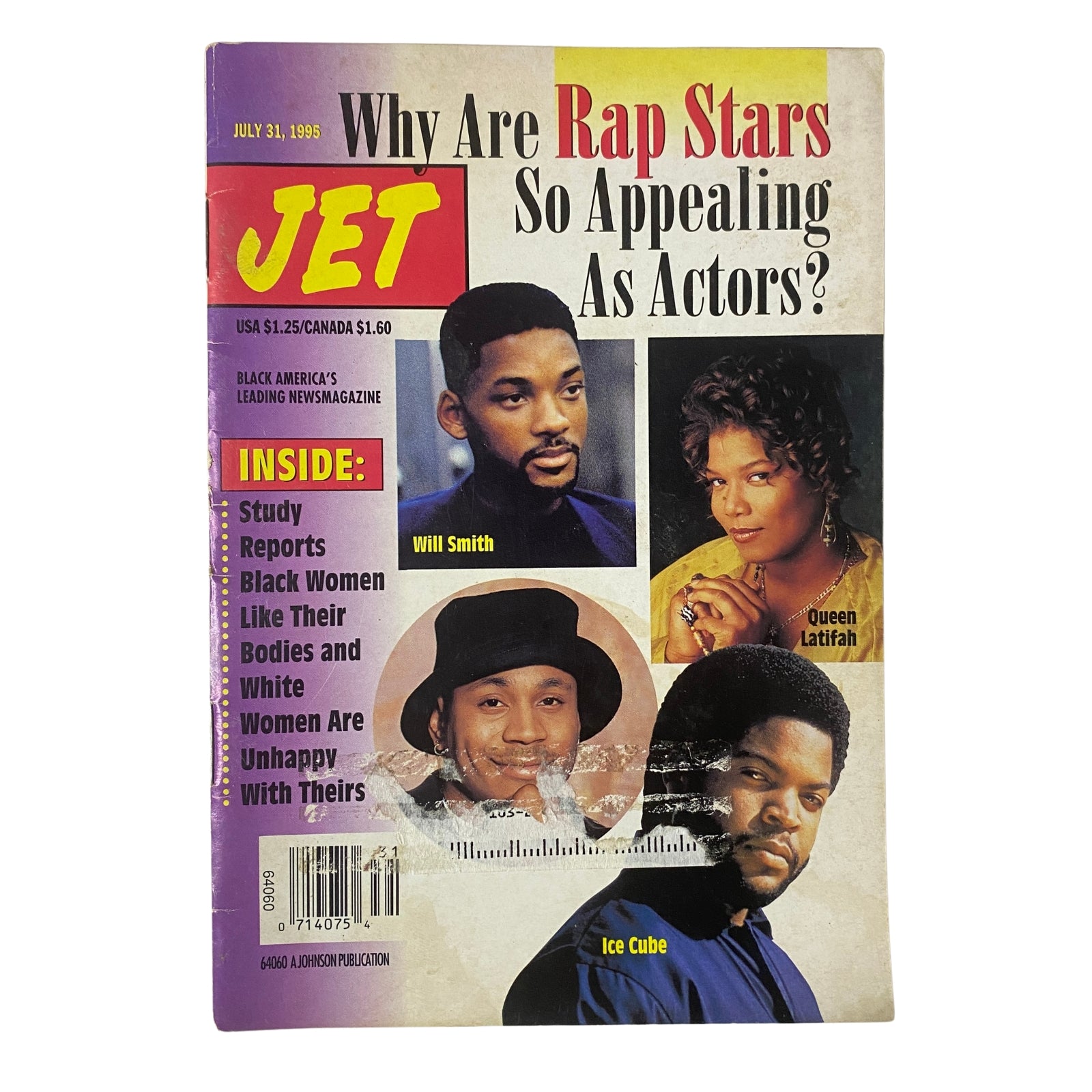 Cover of Jet Magazine, July 31, 1995, featuring Will Smith and Queen Latifah, highlighting the appeal of rap stars as actors. The magazine discusses their influence in music and television, showcasing their rise to stardom.