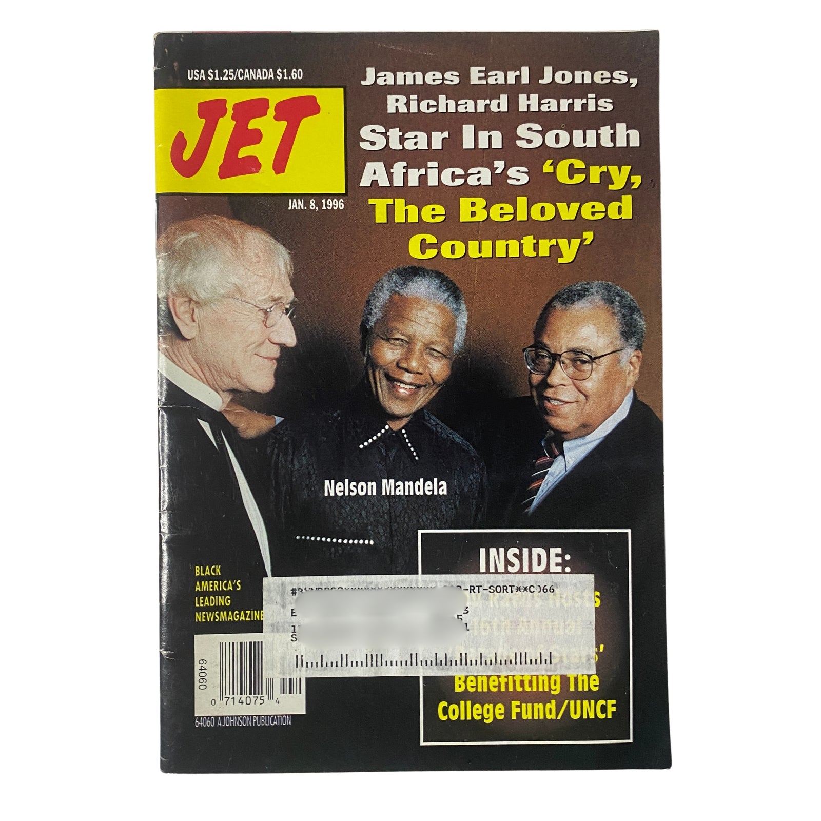 Jet Magazine January 8, 1996 Vol. 89, No. 8 cover featuring Nelson Mandela, James Earl Jones, and Richard Harris highlighting the film 'Cry, The Beloved Country.'