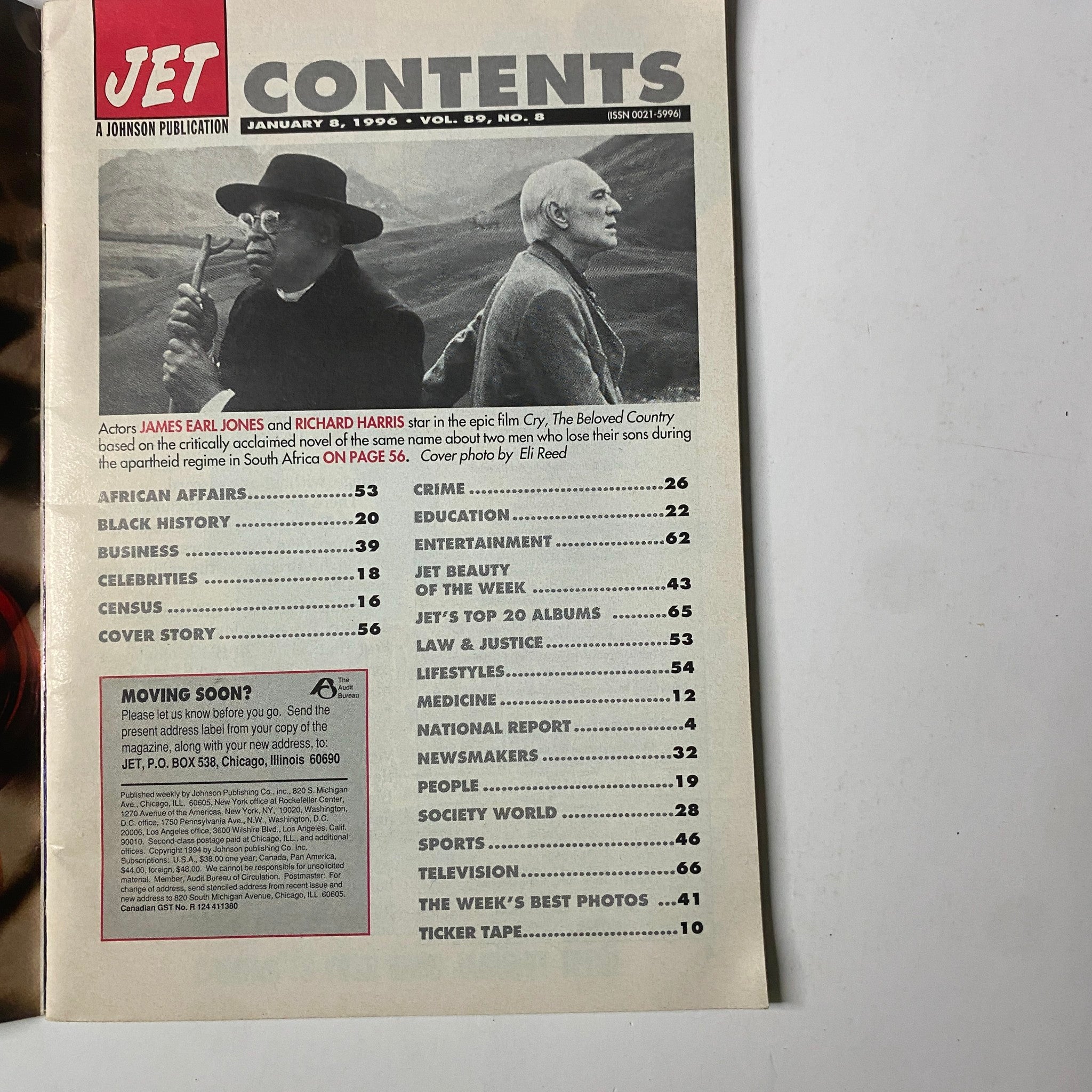 Jet Magazine January 8, 1996 Vol. 89, No. 8 contents page detailing articles on Black history, entertainment, and social issues, including a focus on the film 'Cry, The Beloved Country.'